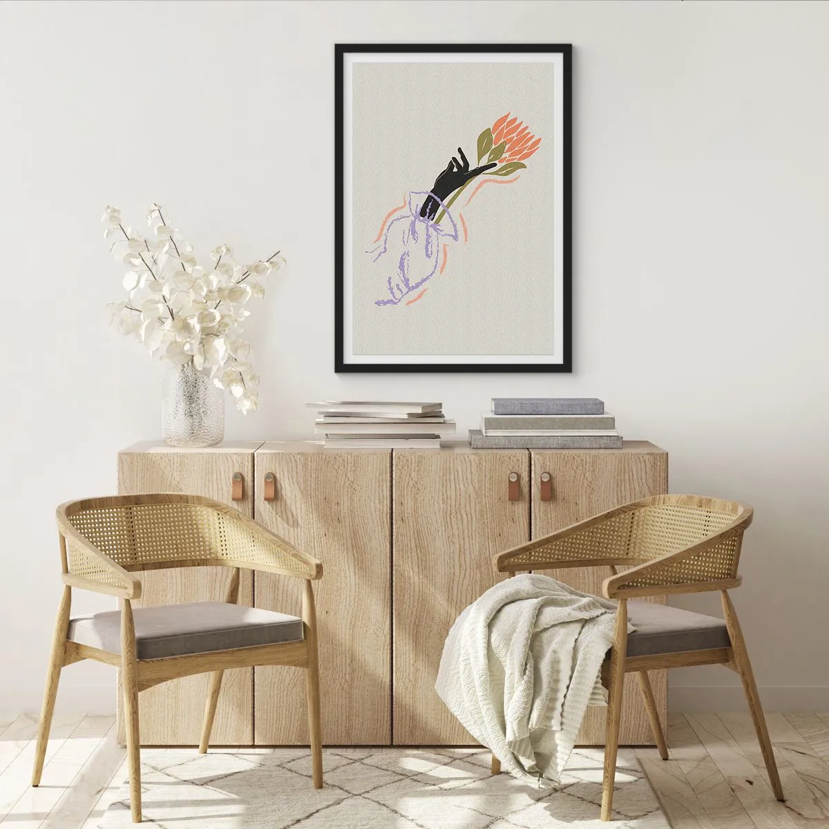 Poster in cornice nera - Disegno astratto di una mano che tiene un mazzo di fiori - 50x70cm - Tocco delicato - Decorazione murale moderna per soggiorno e camera da letto ARTTOR