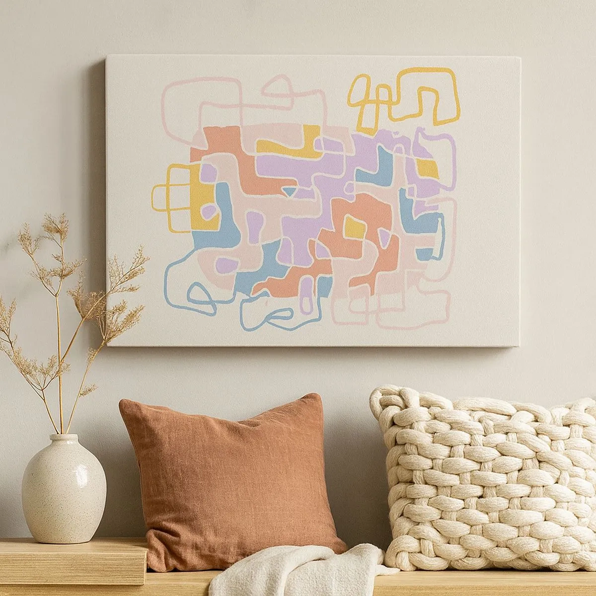 Quadro su tela - Stampe su Tela - Linee astratte pastello che creano motivi geometrici - 70x50cm - Labirinto: avventura gioiosa - Decorazione murale moderna per soggiorno e camera da letto ARTTOR