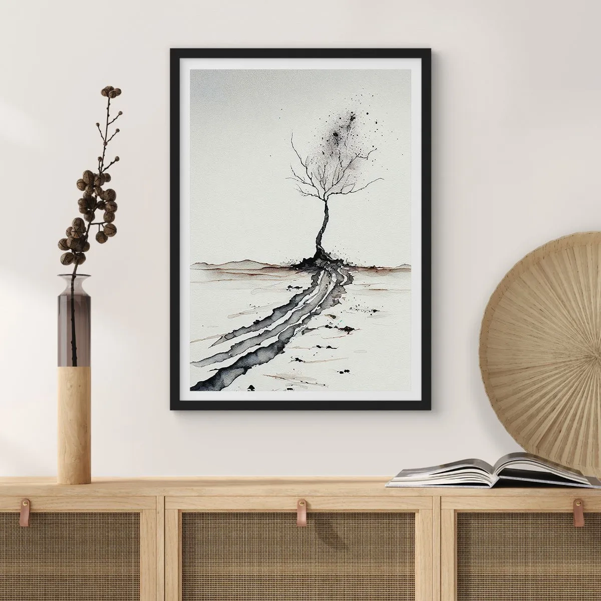 Poster in cornice nera - Un albero minimalista con radici astratte - 50x70cm - Malinconia invernale - Decorazione murale moderna per soggiorno e camera da letto ARTTOR