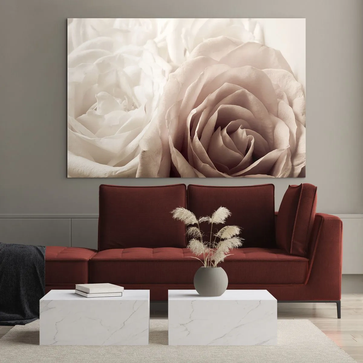 Quadro su vetro - Delicate rose chiare in un romantico primo piano - 70x50cm - Nel cuore della rosa - Decorazione murale moderna per soggiorno e camera da letto ARTTOR