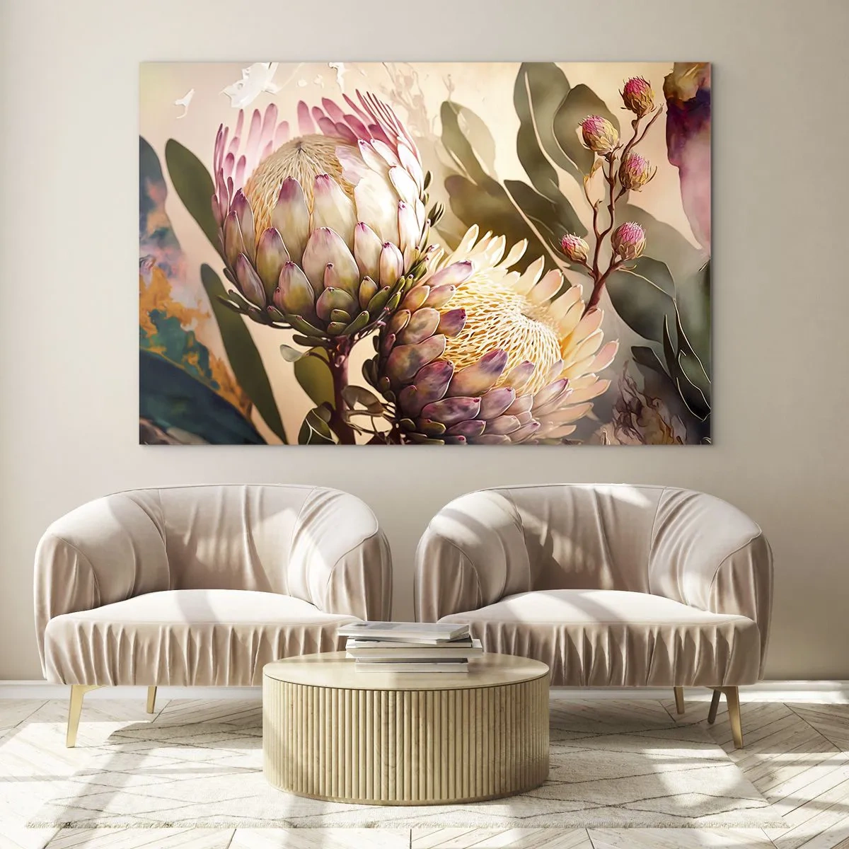 Quadro su vetro - Fiori di protea in toni caldi e luce soffusa - 70x50cm - Tenero abbraccio - Decorazione murale moderna per soggiorno e camera da letto ARTTOR