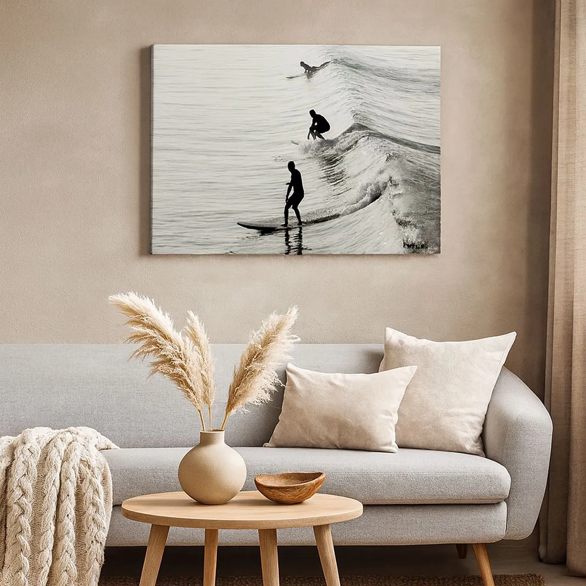 Quadro su tela - Stampe su Tela - Surfisti sulle onde in uno scatto monocromatico - 70x50cm - Onde all'incontro - Decorazione murale moderna per soggiorno e camera da letto ARTTOR