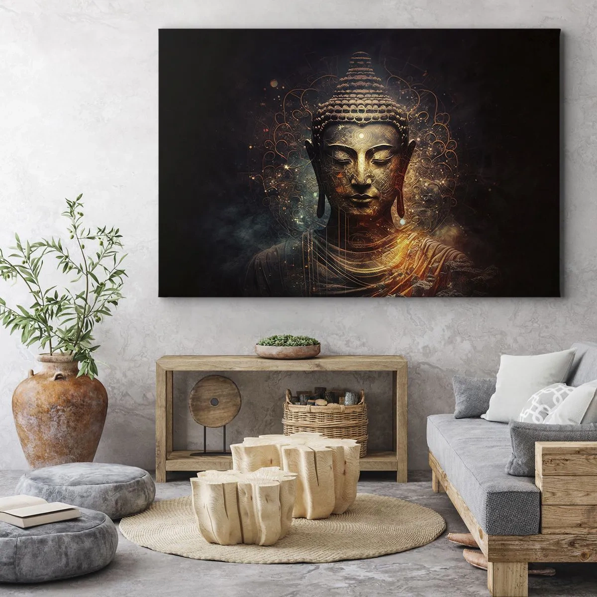 Quadro su tela - Stampe su Tela - Buddha dorato su sfondo scuro con ornamenti - 70x50cm - Equilibrio spirituale - Decorazione murale moderna per soggiorno e camera da letto ARTTOR