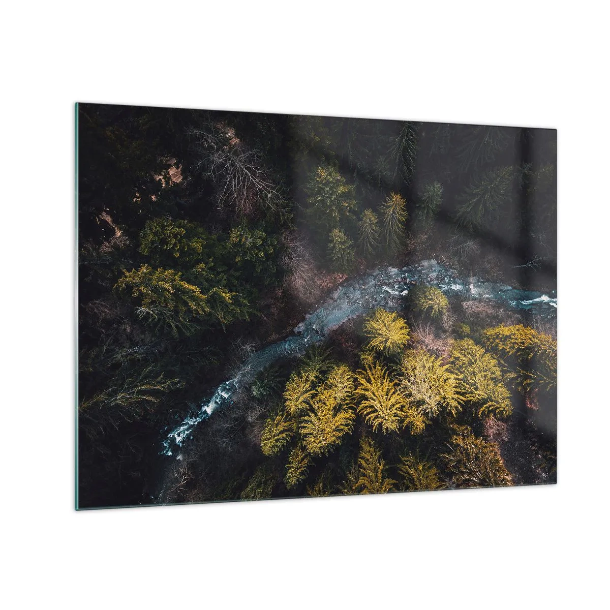 Quadro su vetro - Vista a volo d'uccello di un paesaggio forestale con un ruscello tortuoso - 70x50cm - Sempre più veloce - Decorazione murale moderna per soggiorno e camera da letto ARTTOR