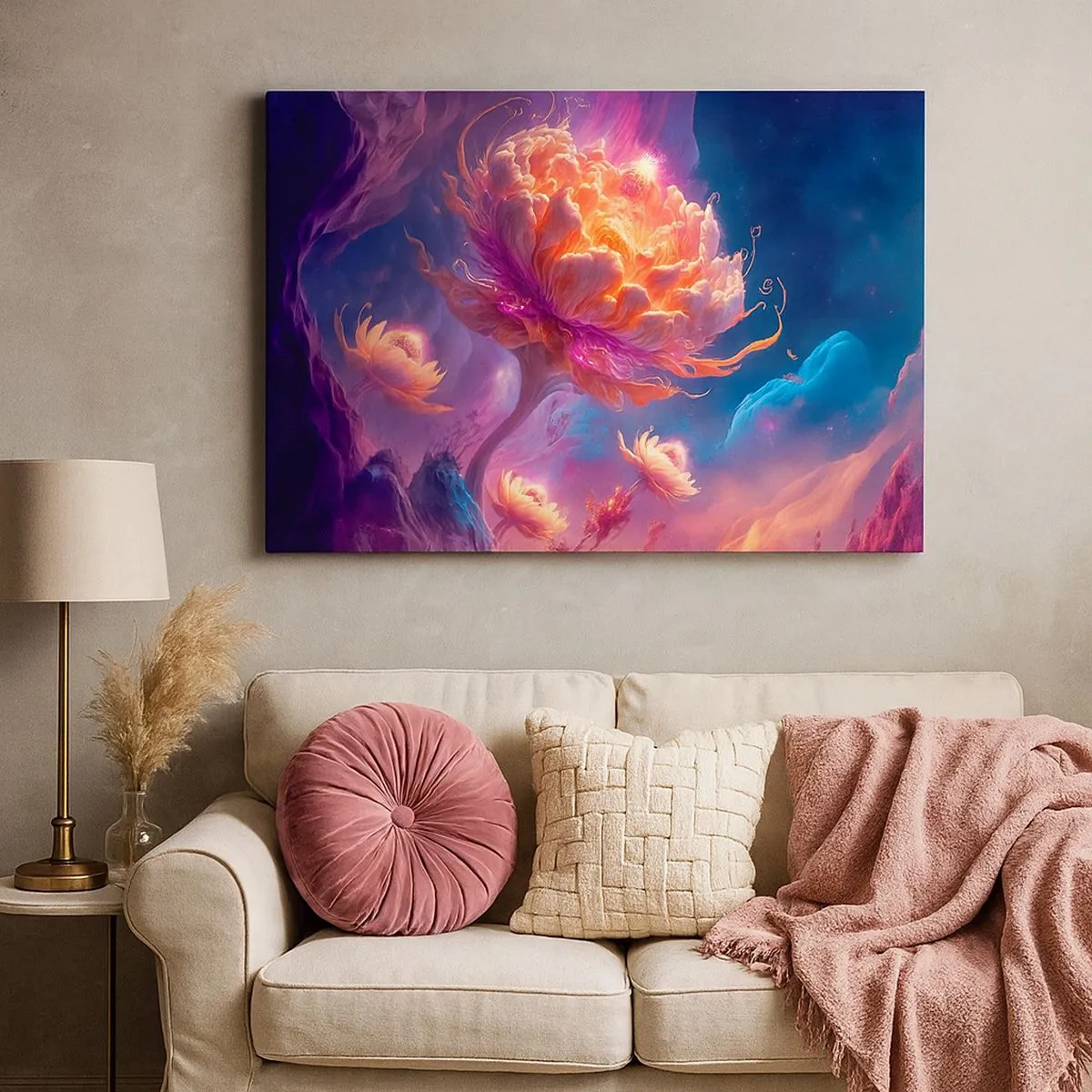 Quadro su tela - Stampe su Tela - Fiori fantastici in un paesaggio cosmico - 70x50cm - Un altro mondo - Decorazione murale moderna per soggiorno e camera da letto ARTTOR