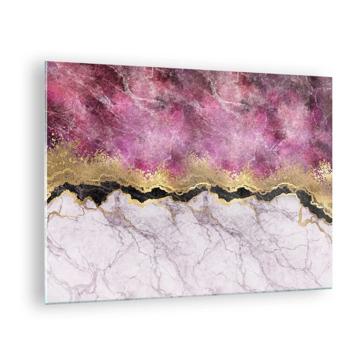 Quadro su vetro - Composizione astratta in marmo con accenti dorati e viola - 70x50cm - Sul confine - Decorazione murale moderna per soggiorno e camera da letto ARTTOR