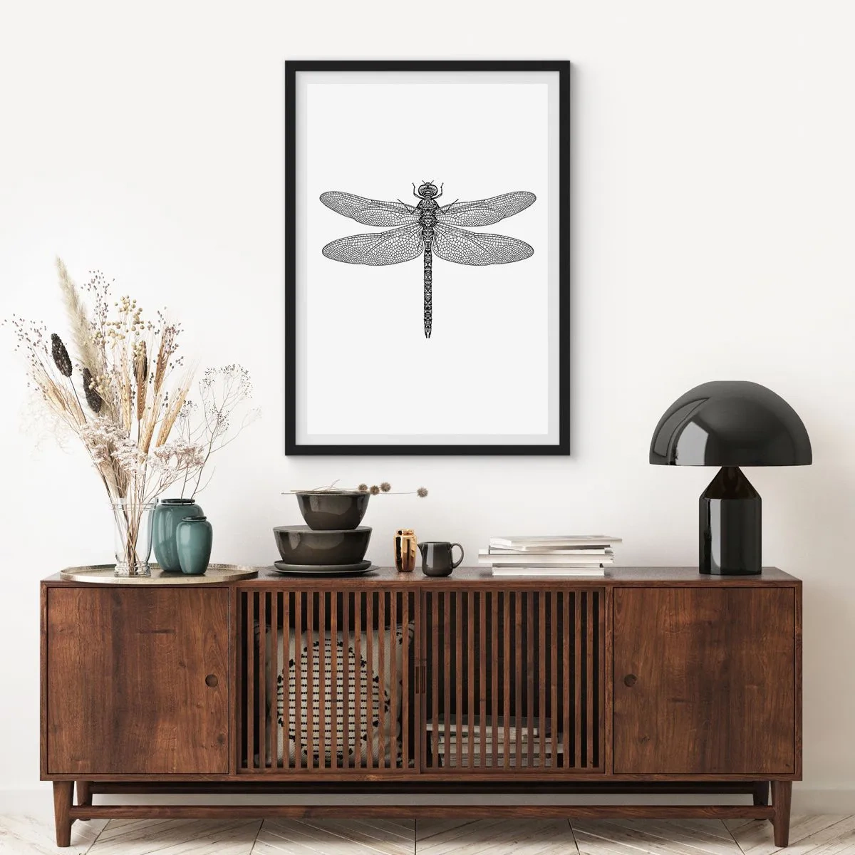 Poster in cornice nera - Illustrazione in bianco e nero di una libellula su sfondo bianco - 50x70cm - La precisione della natura - Decorazione murale moderna per soggiorno e camera da letto ARTTOR