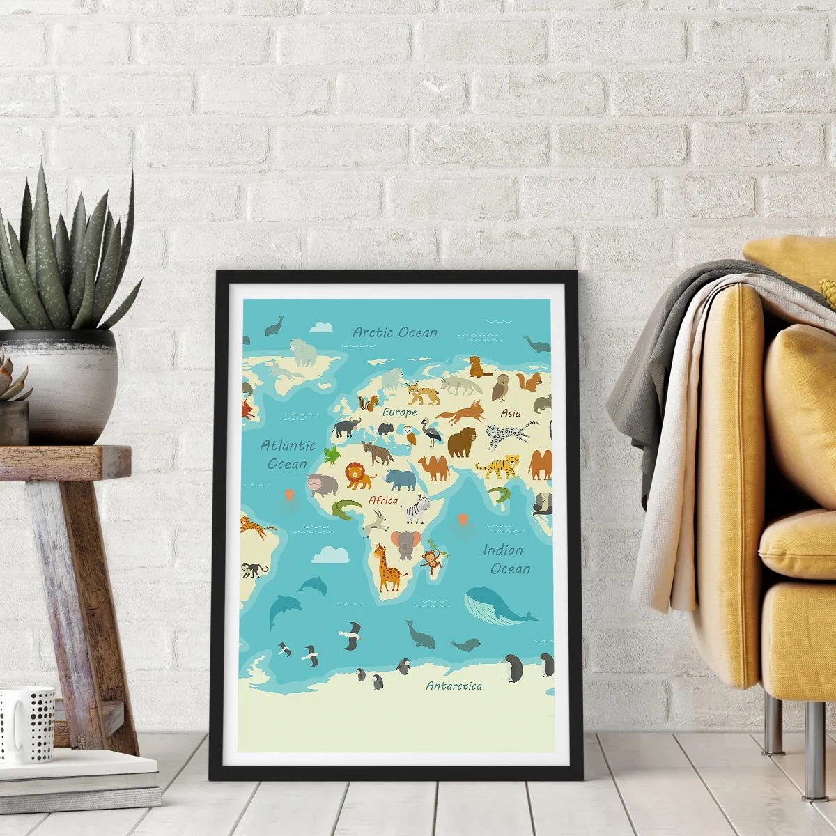 Poster in cornice nera - Una mappa del mondo con illustrazioni di animali in diverse regioni - 50x70cm - Buoni vicini - Decorazione murale moderna per soggiorno e camera da letto ARTTOR