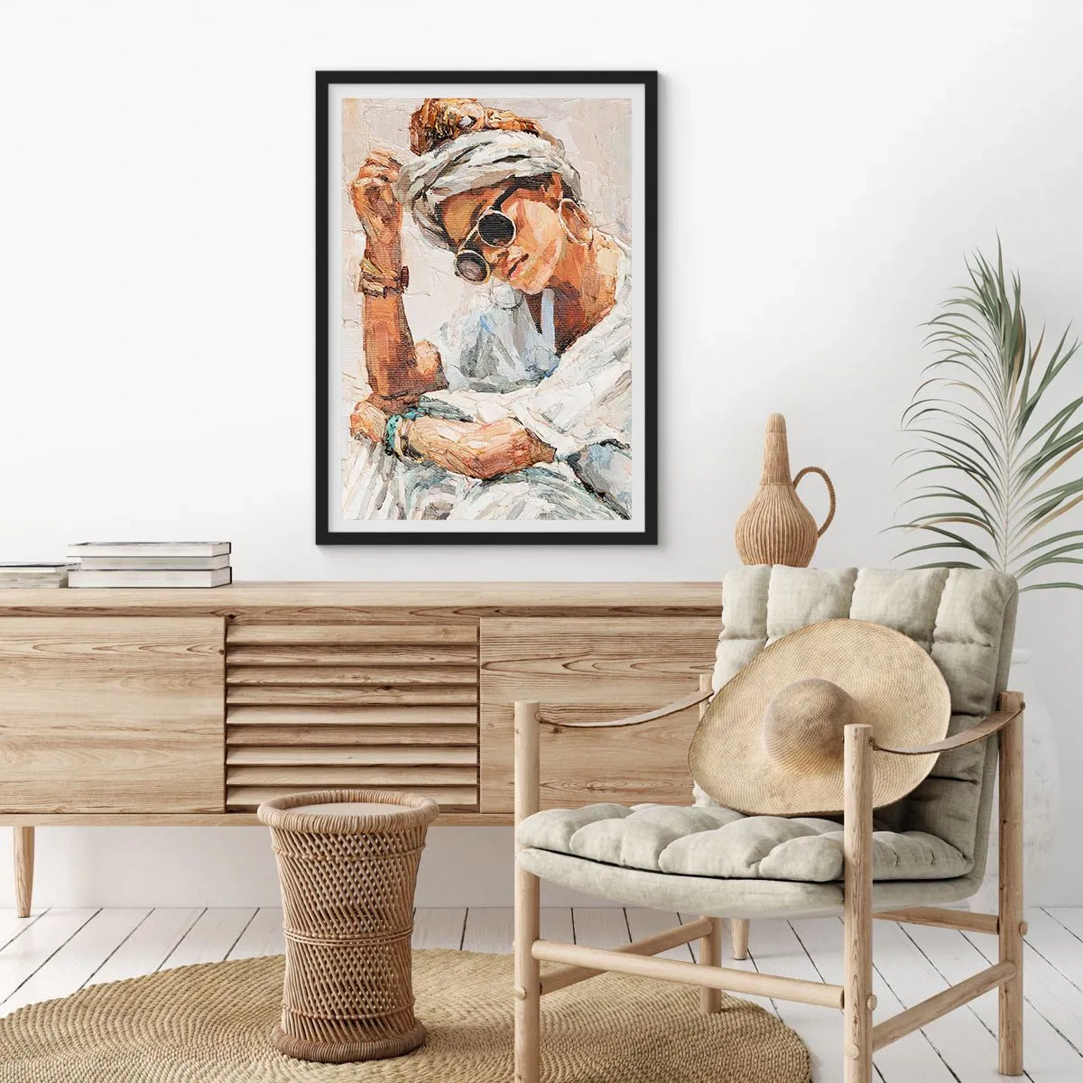 Poster in cornice nera - Ritratto di donna con occhiali e turbante in stile impressionista - 50x70cm - Ritratto in pieno sole - Decorazione murale moderna per soggiorno e camera da letto ARTTOR