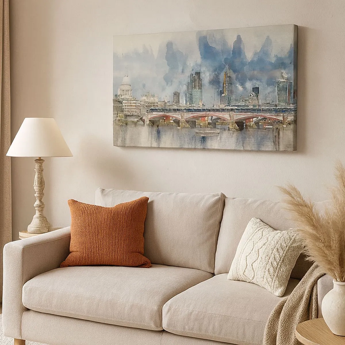 Quadro su tela - Stampe su Tela - Vista ad acquerello del ponte e dello skyline della città - 70x50cm - Londra in tutta la sua bellezza - Decorazione murale moderna per soggiorno e camera da letto ARTTOR