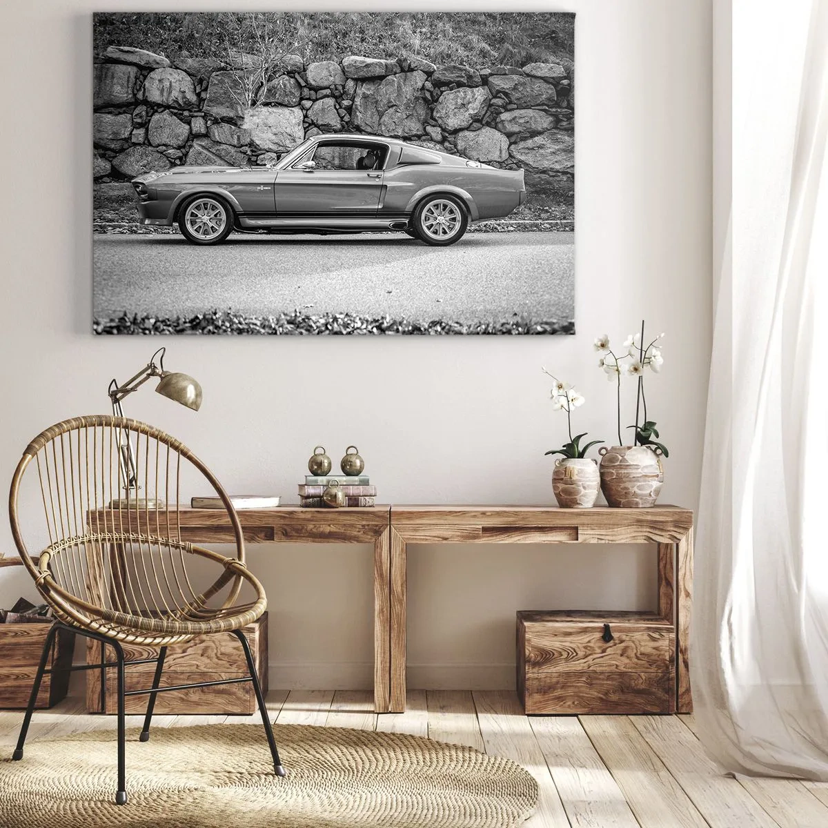Quadro su tela - Stampe su Tela - Foto in bianco e nero di un'auto d'epoca - 70x50cm - La leggenda degli anni '60 - Decorazione murale moderna per soggiorno e camera da letto ARTTOR