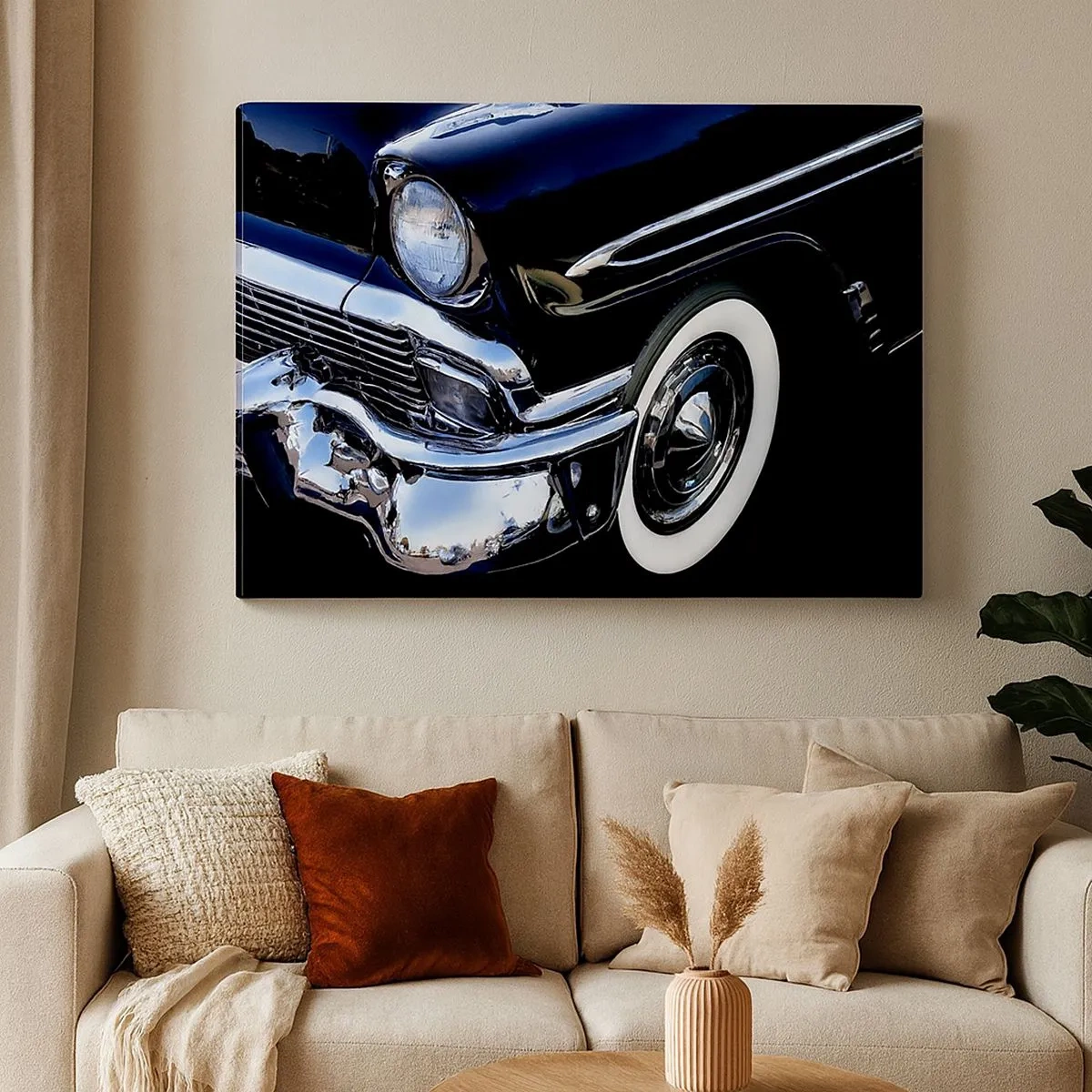 Quadro su tela - Stampe su Tela - Primo piano del faro e del parafango di un'auto classica nera - 70x50cm - Classicità in argento, nero e bianco - Decorazione murale moderna per soggiorno e camera da letto ARTTOR
