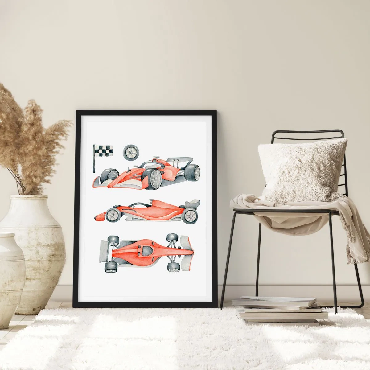 Poster in cornice nera - Illustrazione ad acquerello di un'auto da corsa - 50x70cm - Inseguendo i sogni - Decorazione murale moderna per soggiorno e camera da letto ARTTOR