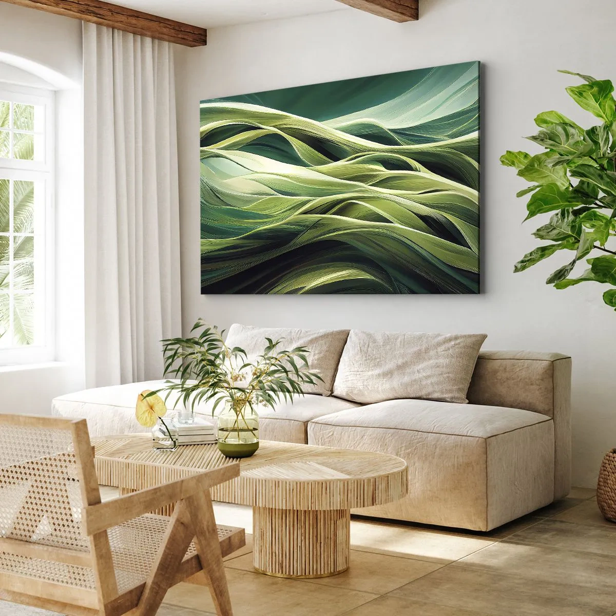 Quadro su tela - Stampe su Tela - Linee dinamiche nelle tonalità del verde - 70x50cm - Gioco astratto in verde - Decorazione murale moderna per soggiorno e camera da letto ARTTOR