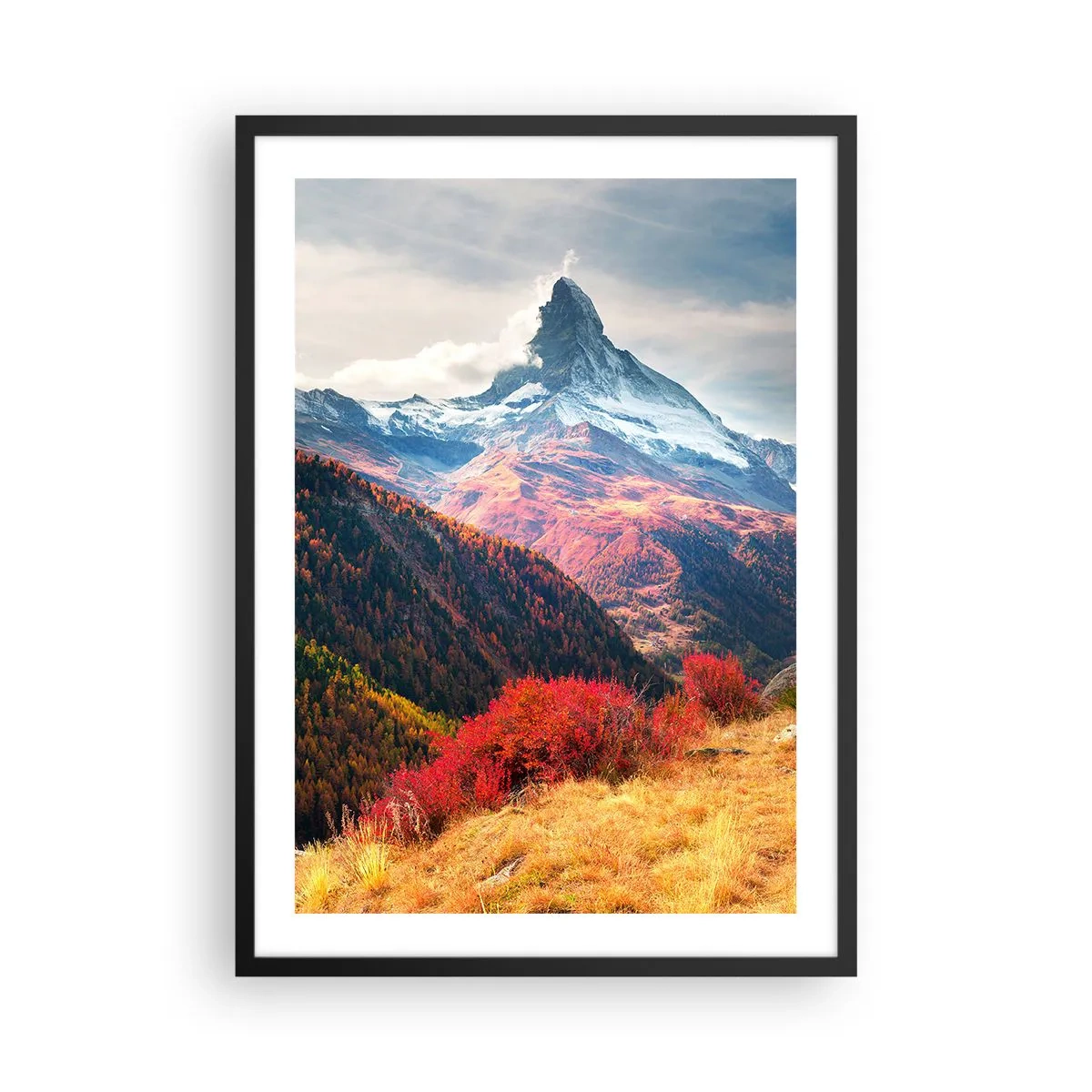 Poster in cornice nera - Paesaggio montano autunnale con cima innevata - 50x70cm - Autunno alpino - Decorazione murale moderna per soggiorno e camera da letto ARTTOR