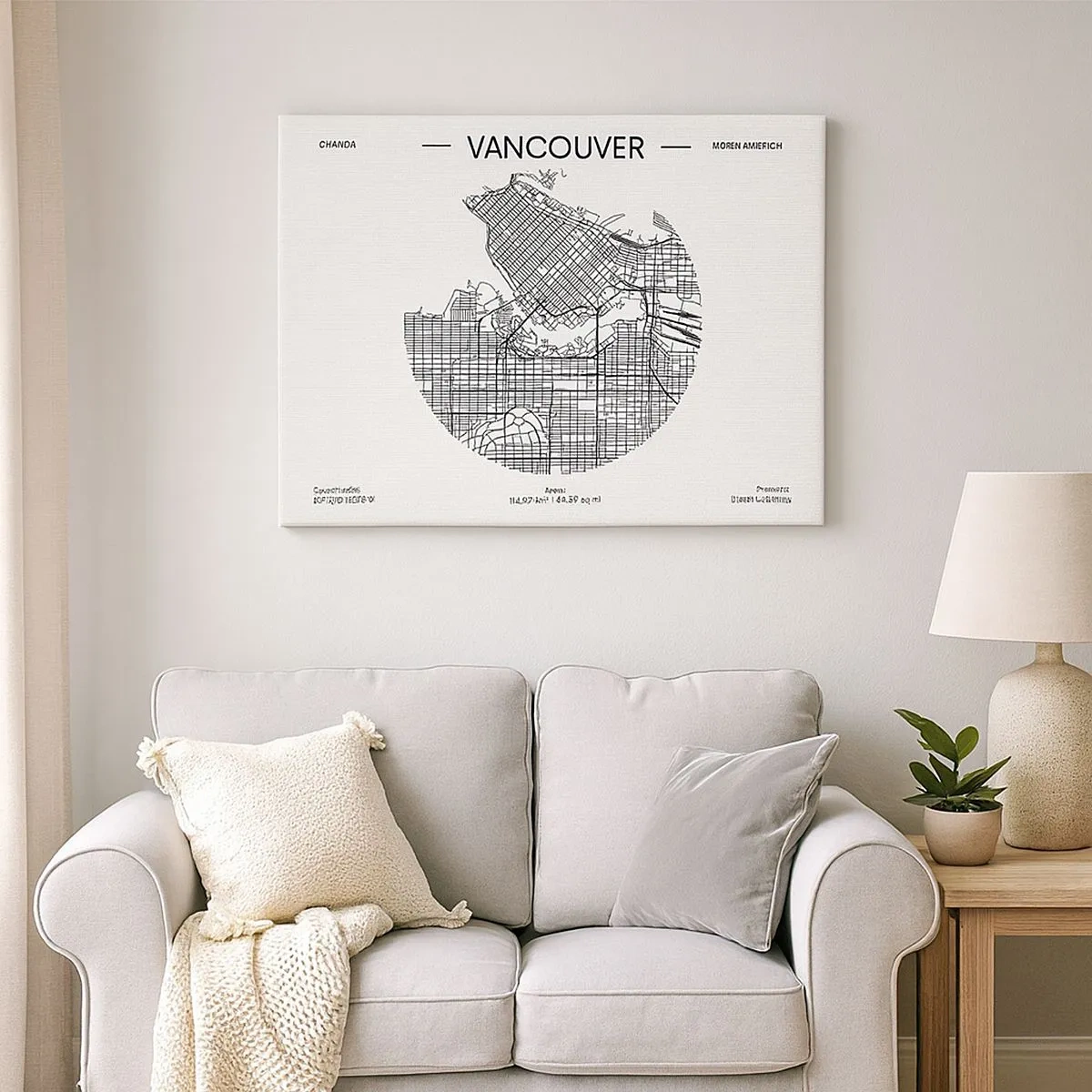 Quadro su tela - Stampe su Tela - Una mappa di Vancouver in stile minimalista in bianco e nero - 70x50cm - Anatomia Vancouver - Decorazione murale moderna per soggiorno e camera da letto ARTTOR