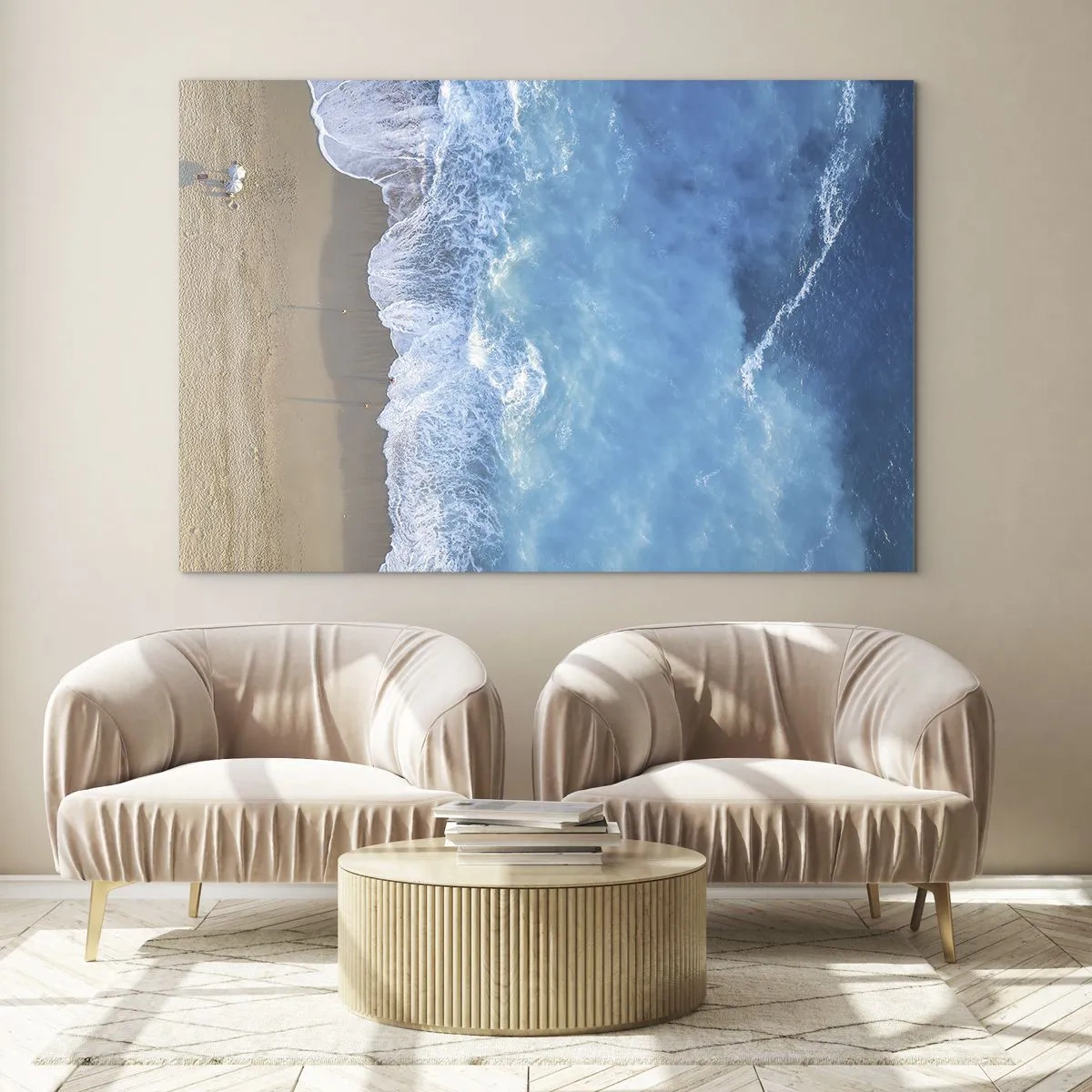 Quadro su vetro - Vista aerea della spiaggia e delle onde che si infrangono - 70x50cm - La forza del blu - Decorazione murale moderna per soggiorno e camera da letto ARTTOR