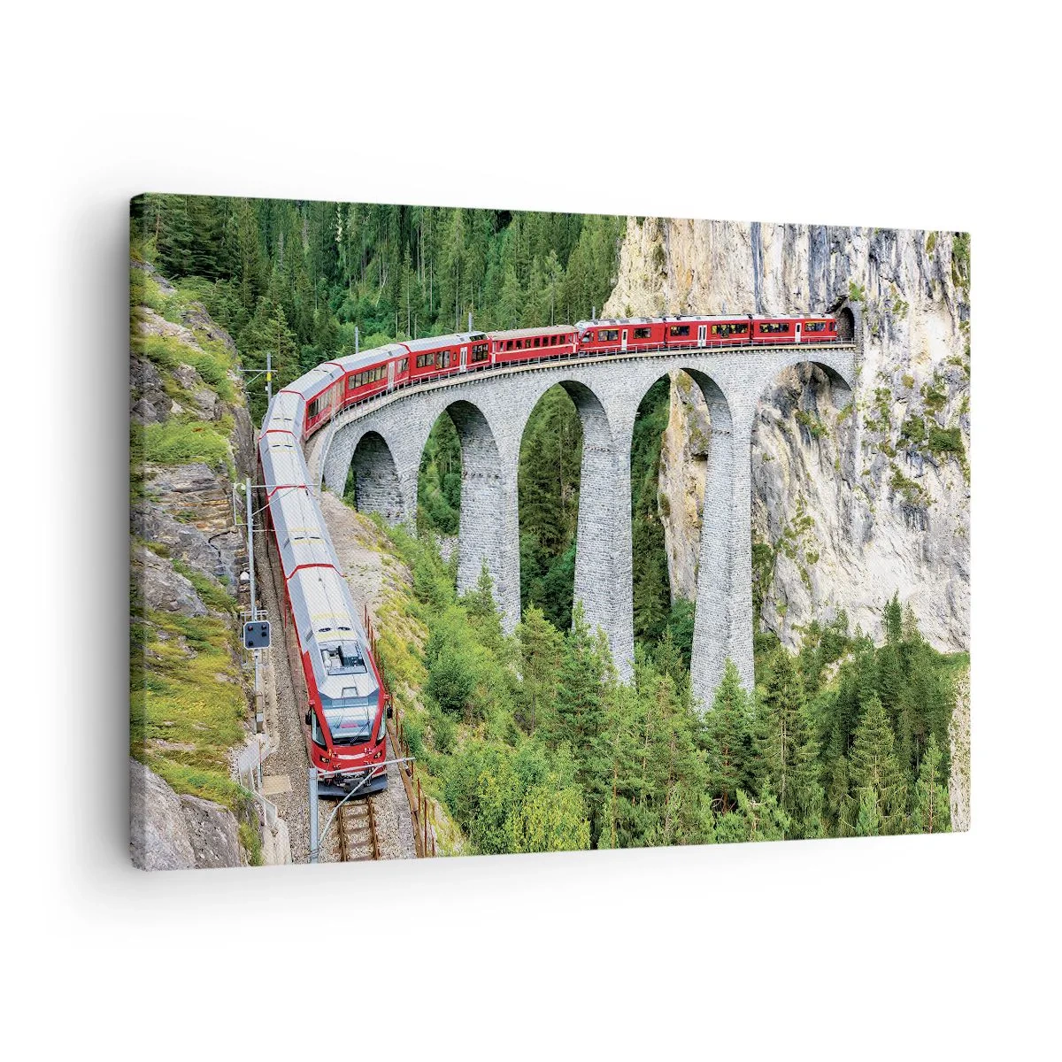 Quadro su tela - Stampe su Tela - Un treno su un pittoresco viadotto in un paesaggio montuoso - 70x50cm - Il treno tra i monti - Decorazione murale moderna per soggiorno e camera da letto ARTTOR