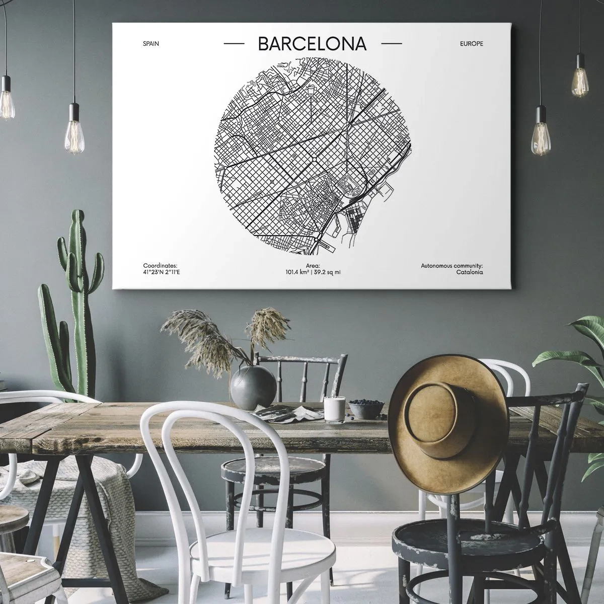 Quadro su tela - Stampe su Tela - Una mappa di Barcellona in stile minimalista in bianco e nero - 70x50cm - Anatomia di Barcellona - Decorazione murale moderna per soggiorno e camera da letto ARTTOR