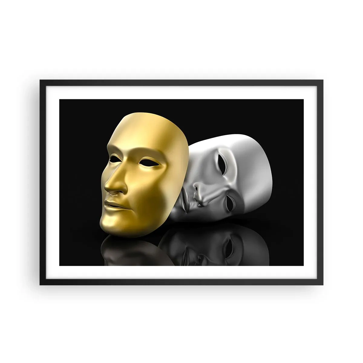 Poster in cornice nera - Maschera in oro e argento su sfondo nero - 70x50cm - La vita è teatro - Decorazione murale moderna per soggiorno e camera da letto ARTTOR