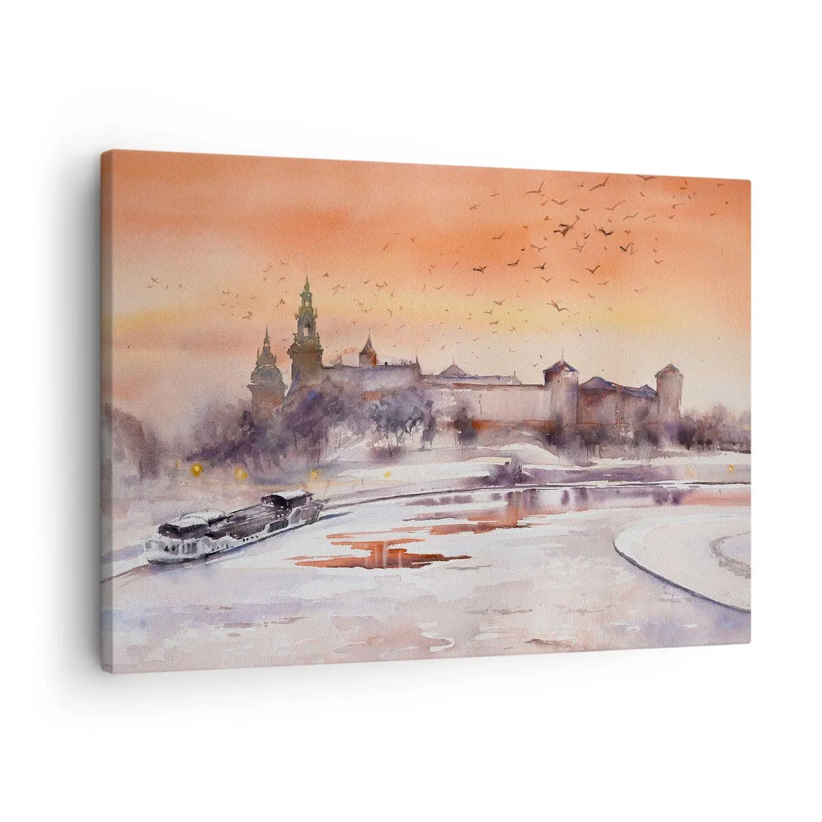 Quadro su tela - Stampe su Tela - Tramonto sul castello in uno scenario invernale - 70x50cm - Tramonto reale - Decorazione murale moderna per soggiorno e camera da letto ARTTOR
