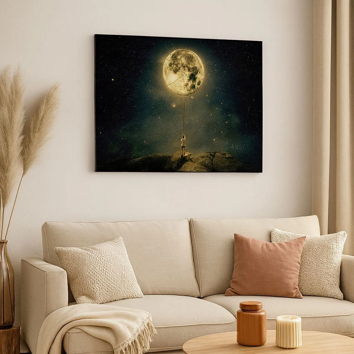 Quadro su tela - Stampe su Tela - Uomo con la Luna contro il cielo stellato - 70x50cm - Chi ha rubato la luna - Decorazione murale moderna per soggiorno e camera da letto ARTTOR