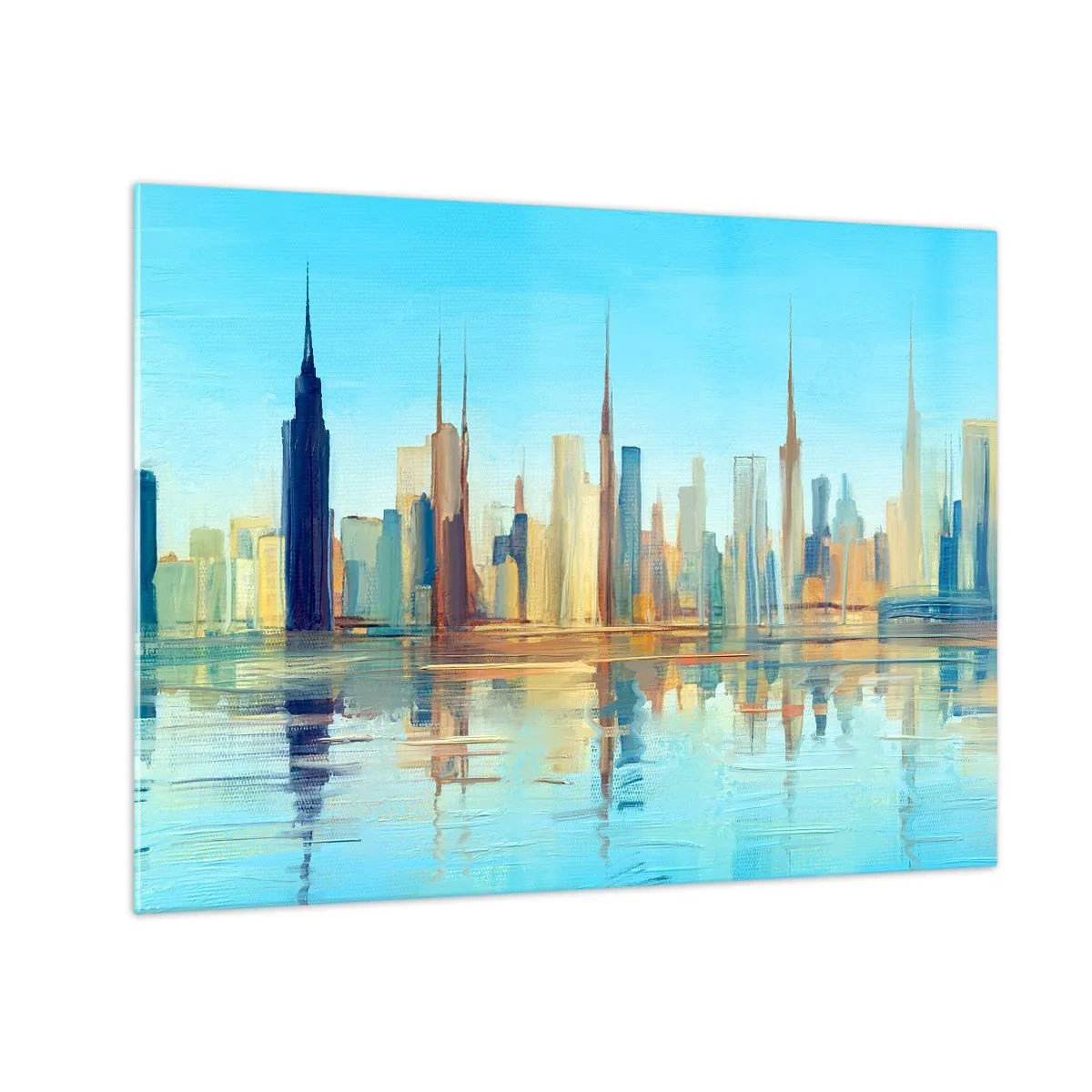 Quadro su vetro - Un panorama della metropoli riflesso nell'acqua sotto un cielo azzurro - 70x50cm - Metropoli assolata - Decorazione murale moderna per soggiorno e camera da letto ARTTOR