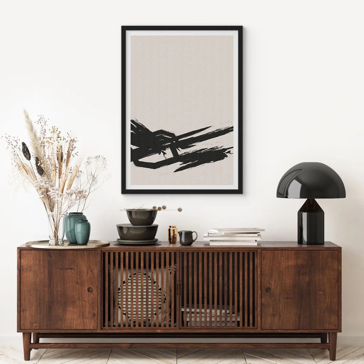 Poster in cornice nera - Astrazione dinamica con una pennellata in nero - 50x70cm - Corsa sfrenata - Decorazione murale moderna per soggiorno e camera da letto ARTTOR