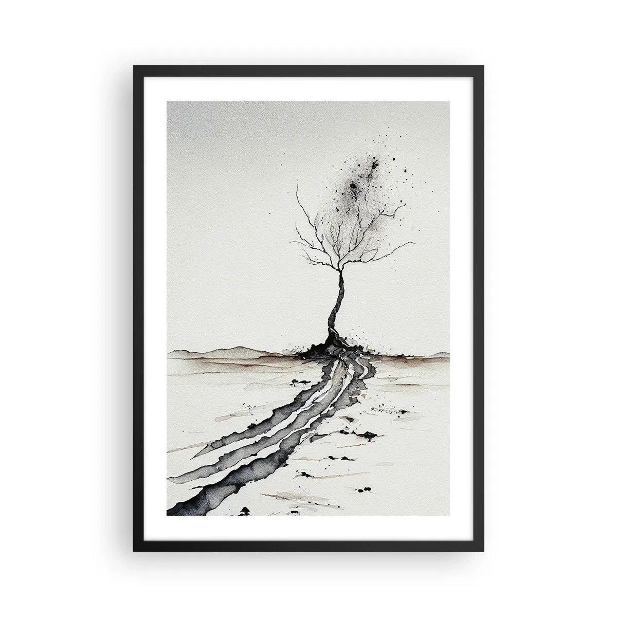 Poster in cornice nera - Un albero minimalista con radici astratte - 50x70cm - Malinconia invernale - Decorazione murale moderna per soggiorno e camera da letto ARTTOR