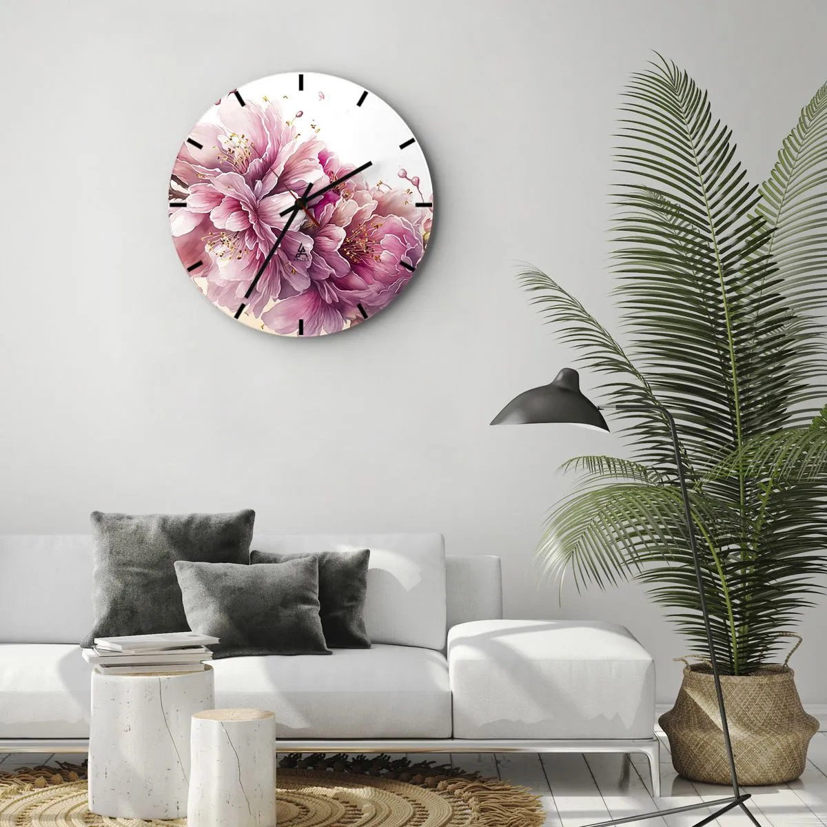 Orologio da parete - Orologio in Vetro - Fiori di ciliegio rosa in fiore su uno sfondo bianco in stile artistico - 30x30cm - Fiore di ciliegio - Decorazione murale moderna per soggiorno, cucina e camera da letto ARTTOR