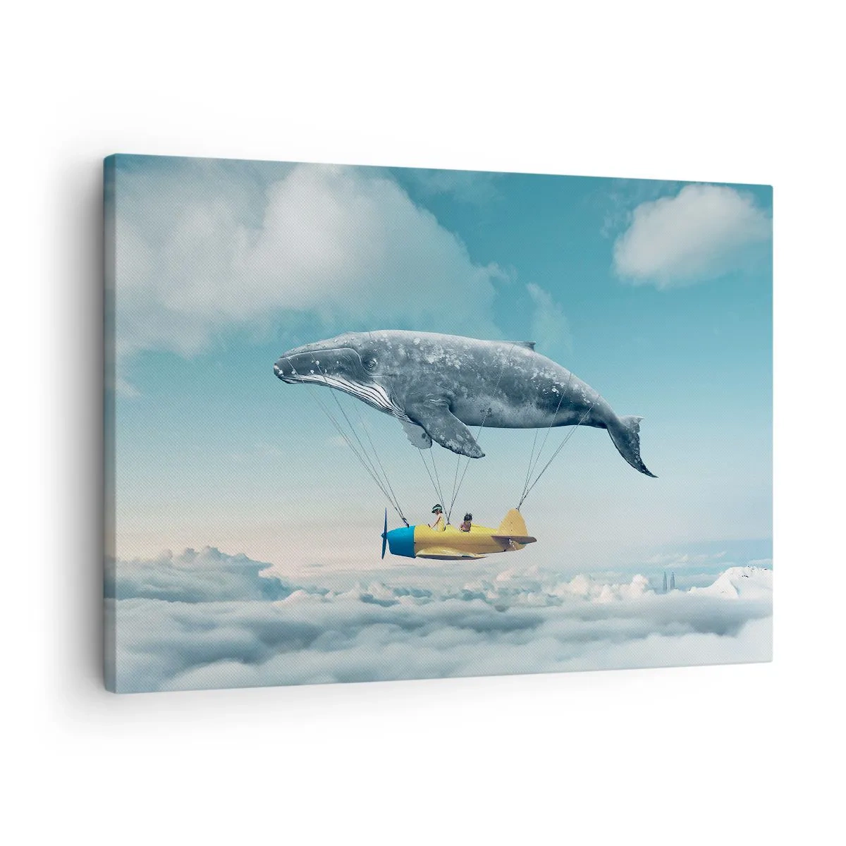 Quadro su tela - Stampe su Tela - Una balena volante trasporta un aereo in un'ambientazione surreale. - 70x50cm - Perché no? - Decorazione murale moderna per soggiorno e camera da letto ARTTOR