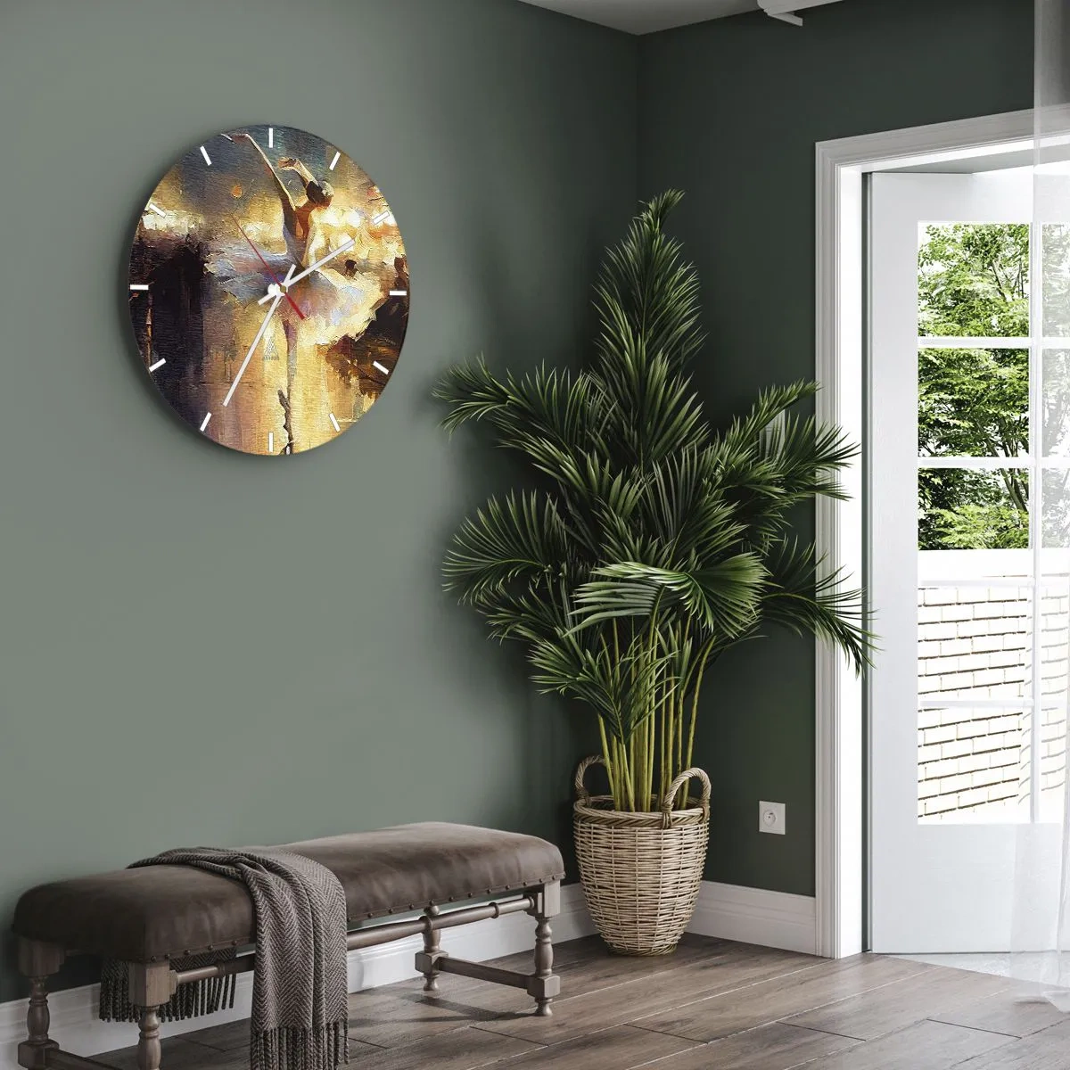 Orologio da parete - Orologio in Vetro - Una ballerina in abito bianco catturata in un movimento dinamico - 30x30cm - Miracolo nella strada - Decorazione murale moderna per soggiorno, cucina e camera da letto ARTTOR