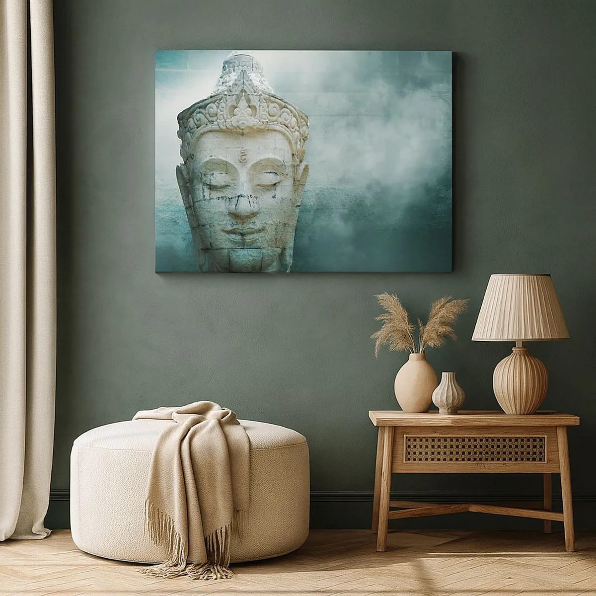 Quadro su tela - Stampe su Tela - Statua del Buddha con una leggera nebbia su uno sfondo verde - 70x50cm - Cercando la luce - Decorazione murale moderna per soggiorno e camera da letto ARTTOR