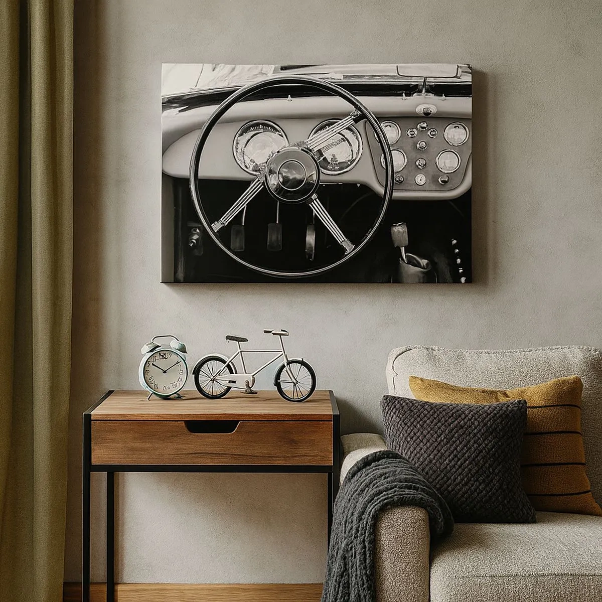 Quadro su tela - Stampe su Tela - Interni di auto d'epoca in bianco e nero - 70x50cm - Il sogno del collezionista - Decorazione murale moderna per soggiorno e camera da letto ARTTOR
