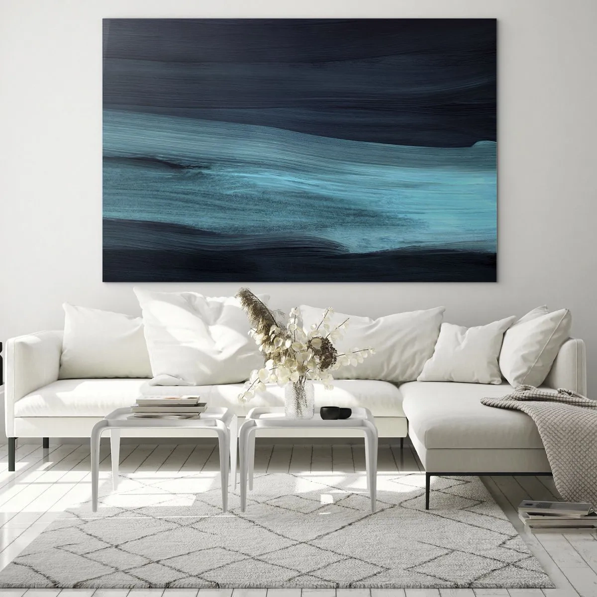 Quadro su vetro - Onda astratta nei toni del turchese e del blu navy - 70x50cm - Seguendo la corrente - Decorazione murale moderna per soggiorno e camera da letto ARTTOR