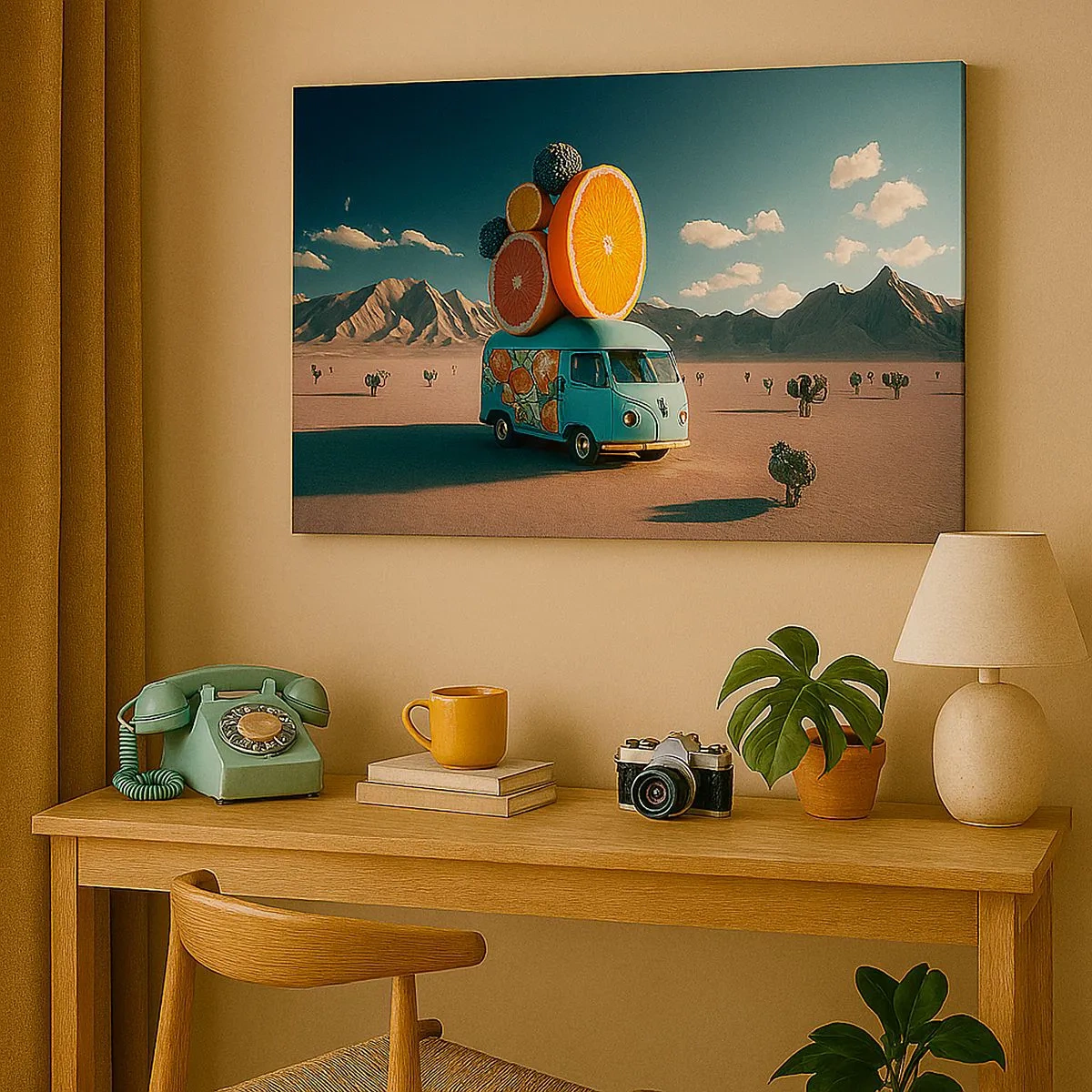 Quadro su tela - Stampe su Tela - Camion della frutta in un paesaggio desertico - 70x50cm - Il sapore delle vacanze - Decorazione murale moderna per soggiorno e camera da letto ARTTOR