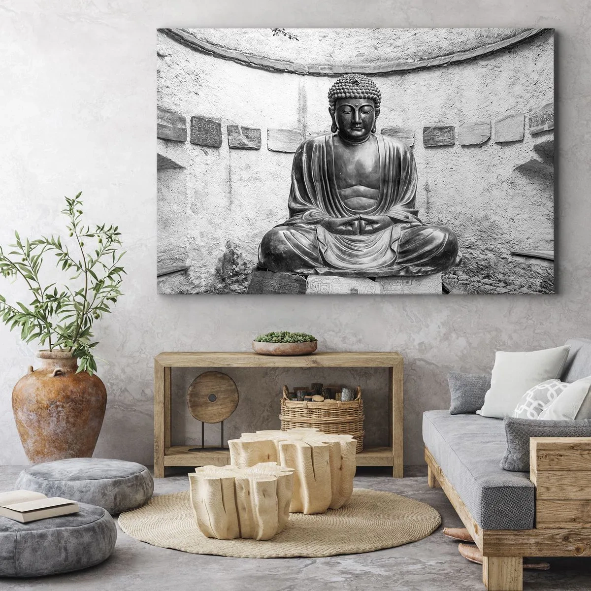 Quadro su tela - Stampe su Tela - Statua del Buddha in bianco e nero in posa meditativa - 70x50cm - Alla fonte della pace - Decorazione murale moderna per soggiorno e camera da letto ARTTOR