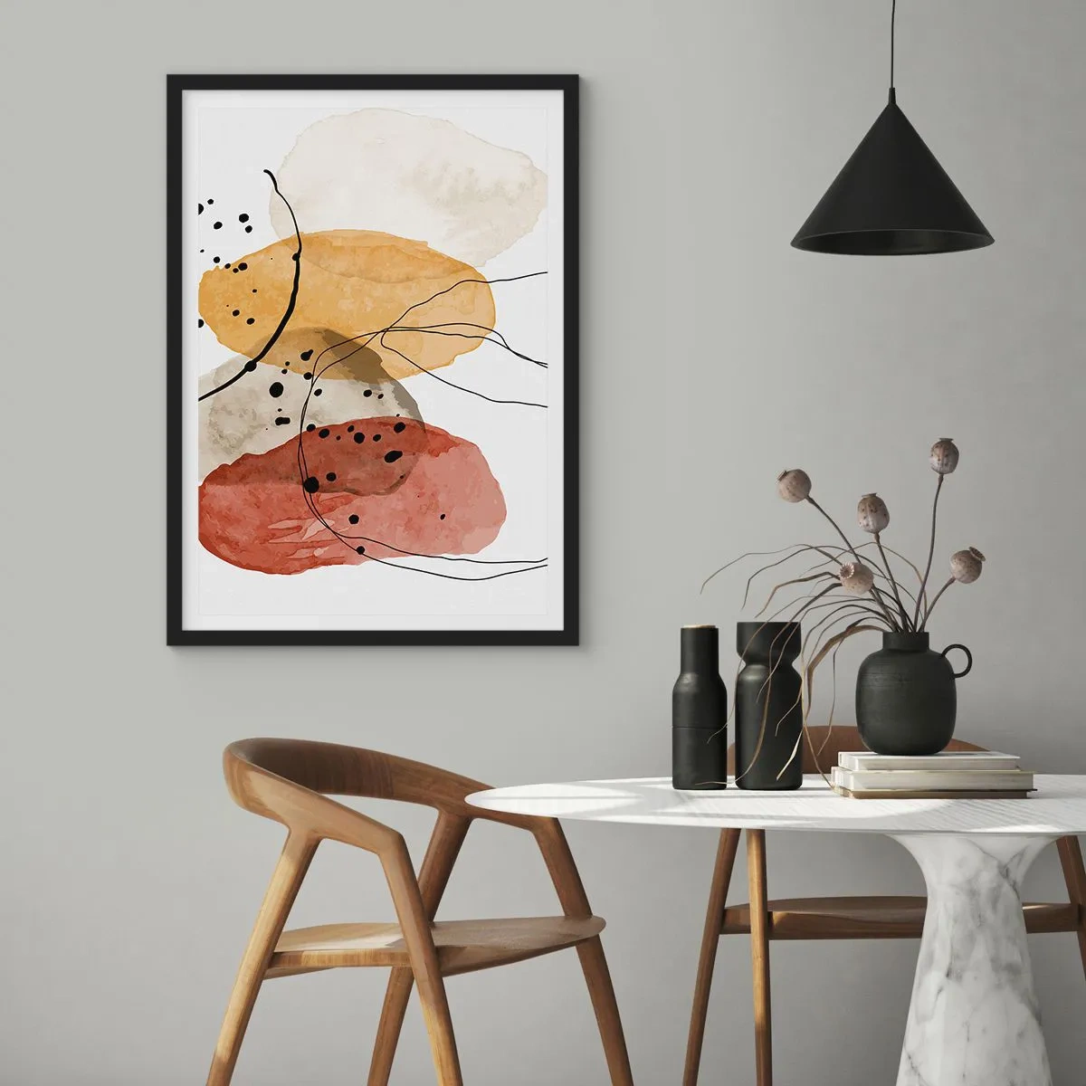 Poster in cornice nera - Forme astratte nei toni del beige, giallo e rosso - 50x70cm - Come aria leggera e trasparente - Decorazione murale moderna per soggiorno e camera da letto ARTTOR