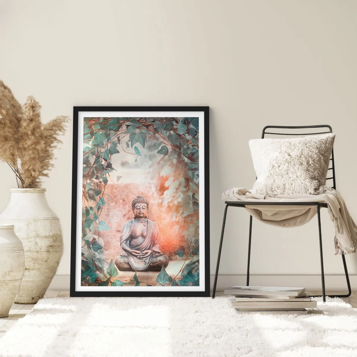 Poster in cornice nera - Una statua del Buddha circondata dall'edera in un'aura meditativa - 50x70cm - Gioiosa armonia - Decorazione murale moderna per soggiorno e camera da letto ARTTOR