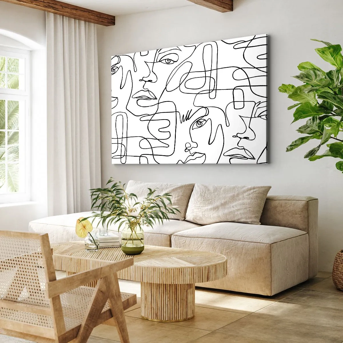 Quadro su tela - Stampe su Tela - Un disegno minimalista di un viso con linee su uno sfondo chiaro. - 70x50cm - Emozioni intrecciate - Decorazione murale moderna per soggiorno e camera da letto ARTTOR