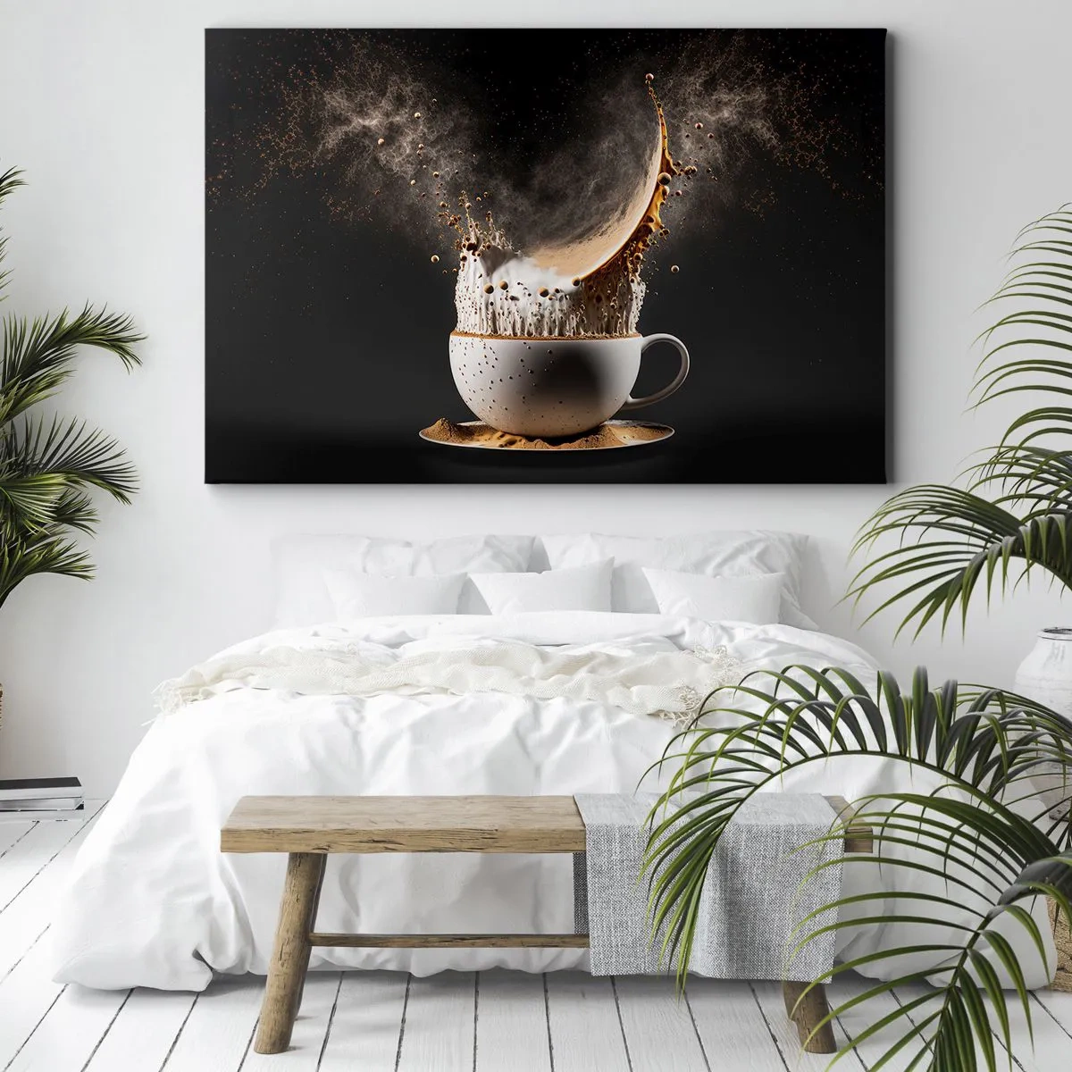 Quadro su tela - Stampe su Tela - Una tazza di caffè con un'esplosione dinamica di liquido su uno sfondo nero. - 70x50cm - Esplosione di sapore - Decorazione murale moderna per soggiorno e camera da letto ARTTOR