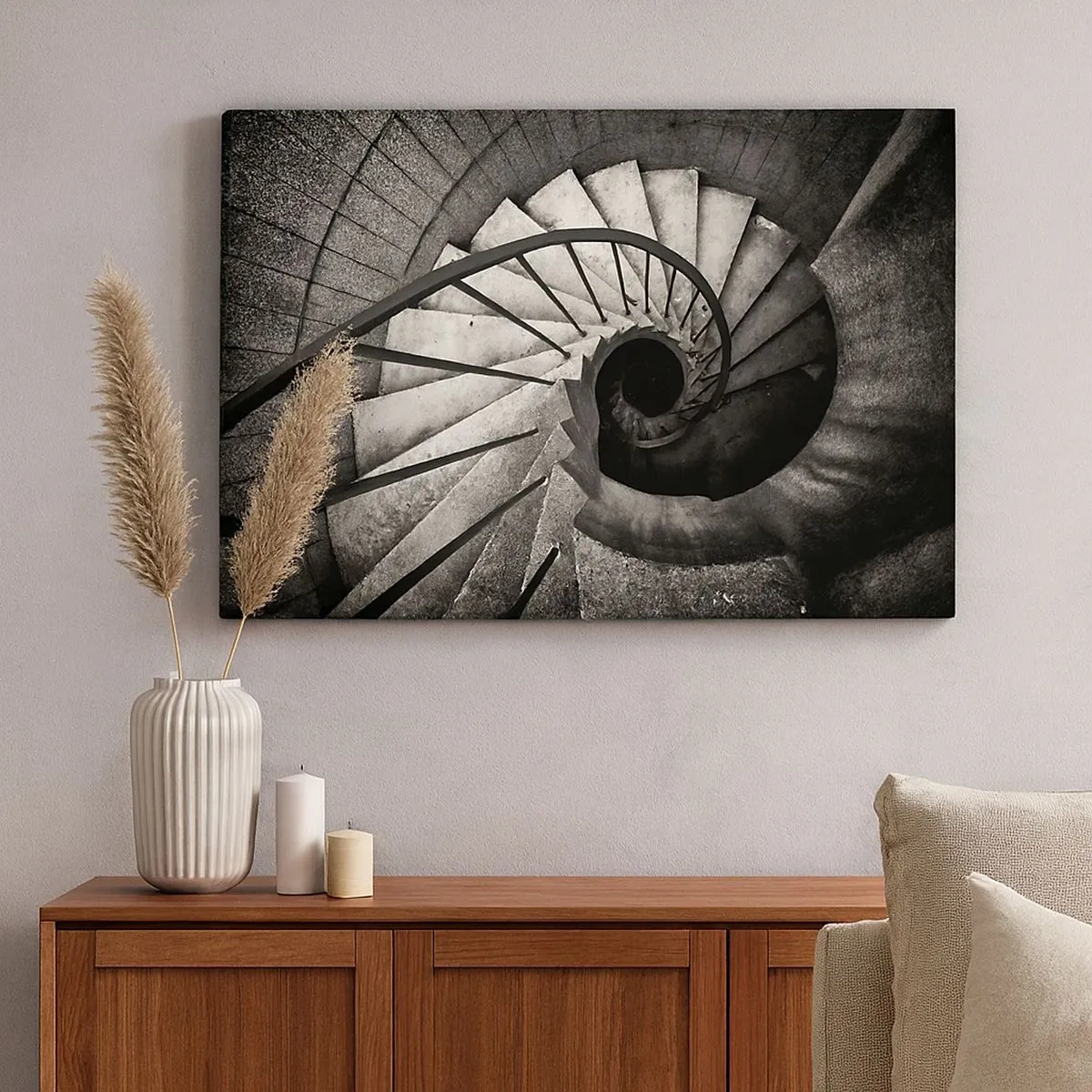 Quadro su tela - Stampe su Tela - Scala a chiocciola bianca e nera in stile moderno - 70x50cm - Salire e scendere - Decorazione murale moderna per soggiorno e camera da letto ARTTOR