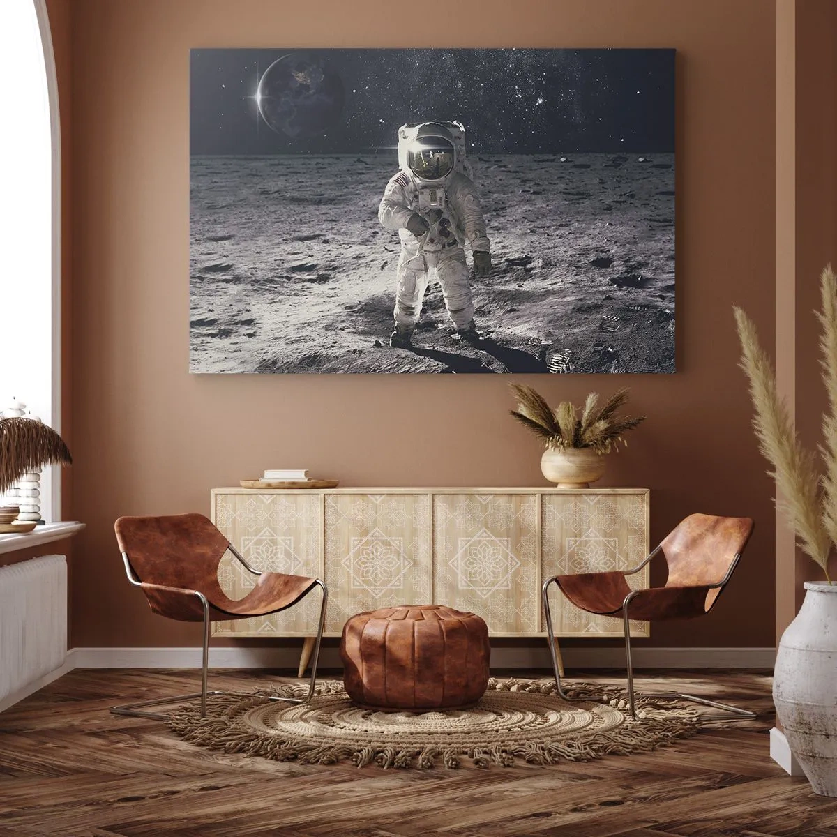Quadro su tela - Stampe su Tela - Astronauta sulla superficie della Luna con la Terra sullo sfondo - 70x50cm - Saluti dalla luna - Decorazione murale moderna per soggiorno e camera da letto ARTTOR