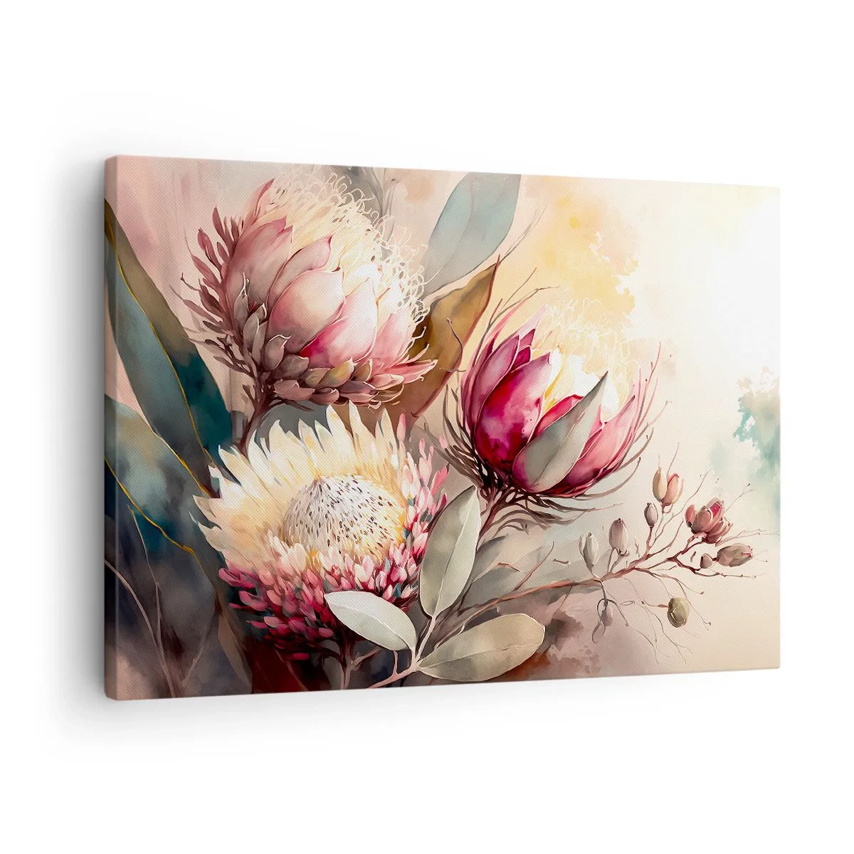 Quadro su tela - Stampe su Tela - Fiori di protea in delicate tonalità pastello - 70x50cm - Di profilo e di fronte - Decorazione murale moderna per soggiorno e camera da letto ARTTOR