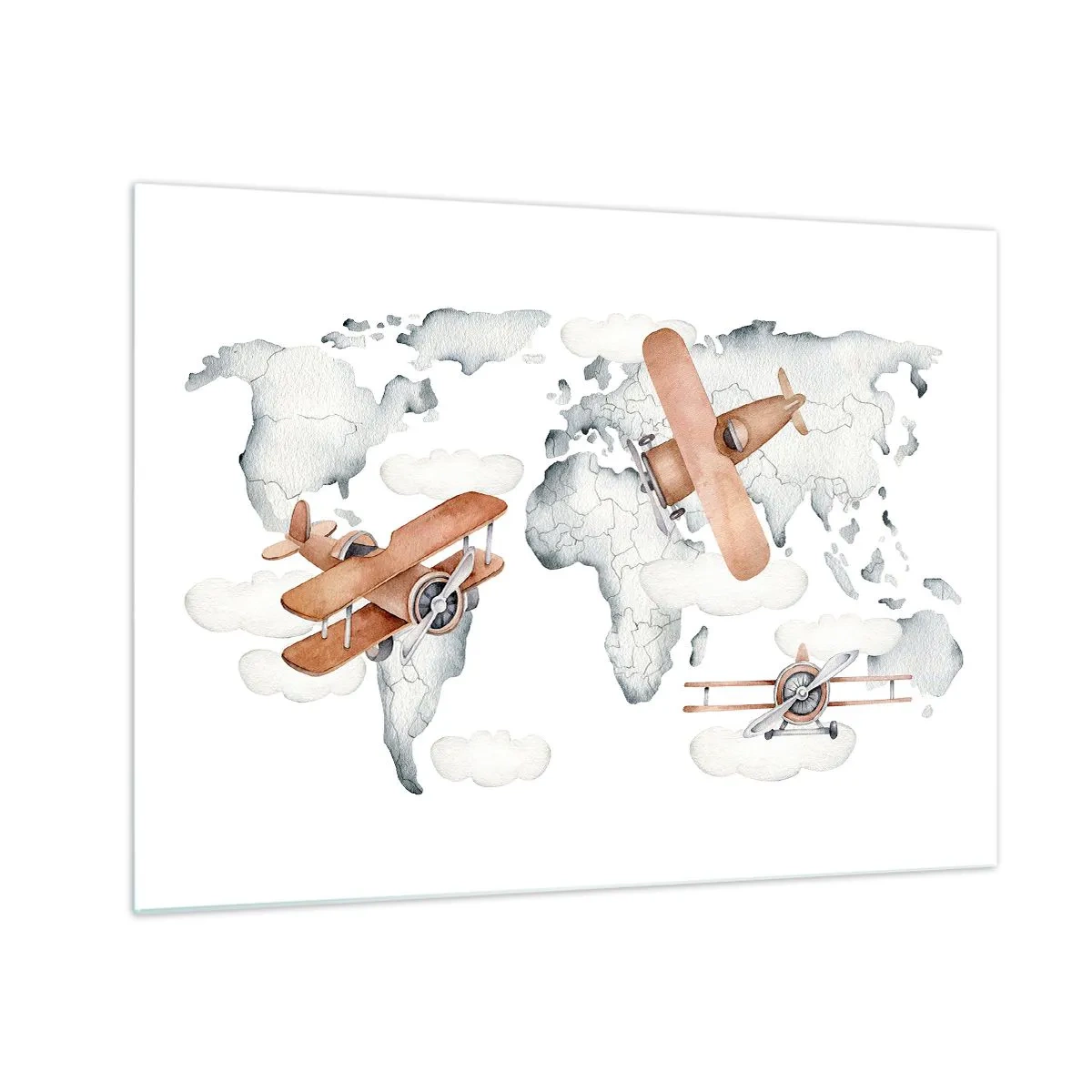 Quadro su vetro - Mappa del mondo con aereo retrò per bambini - 70x50cm - Nello spirito dei pionieri - Decorazione murale moderna per soggiorno e camera da letto ARTTOR