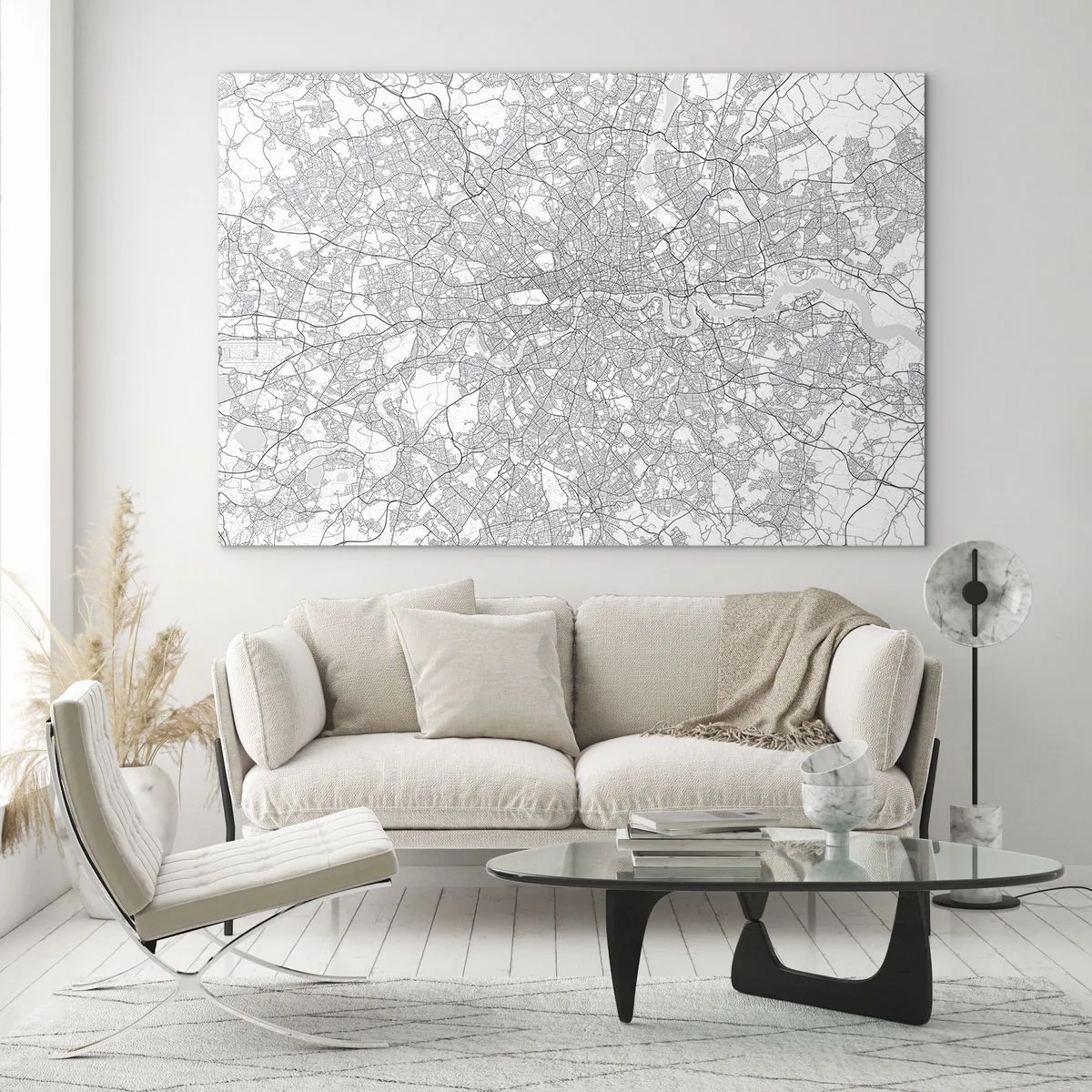 Quadro su vetro - Una mappa in bianco e nero con una fitta griglia stradale in stile minimalista. - 70x50cm - Mappa del labirinto di Londra - Decorazione murale moderna per soggiorno e camera da letto ARTTOR