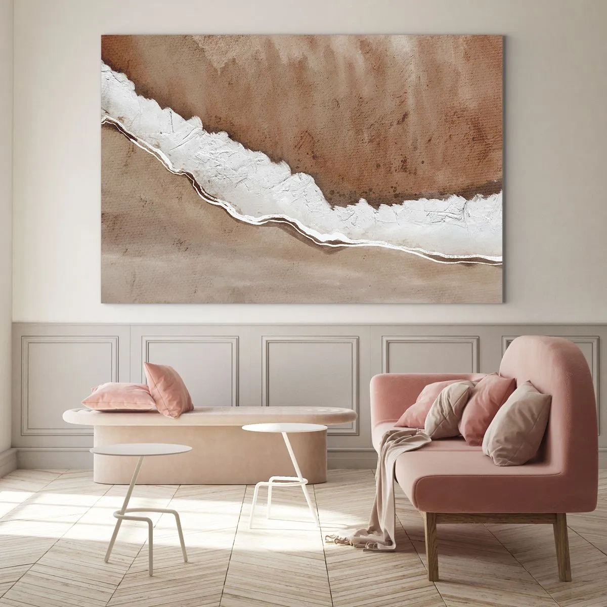 Quadro su vetro - Struttura artistica nei toni della terra e del bianco - 70x50cm - Nei colori della terra - Decorazione murale moderna per soggiorno e camera da letto ARTTOR