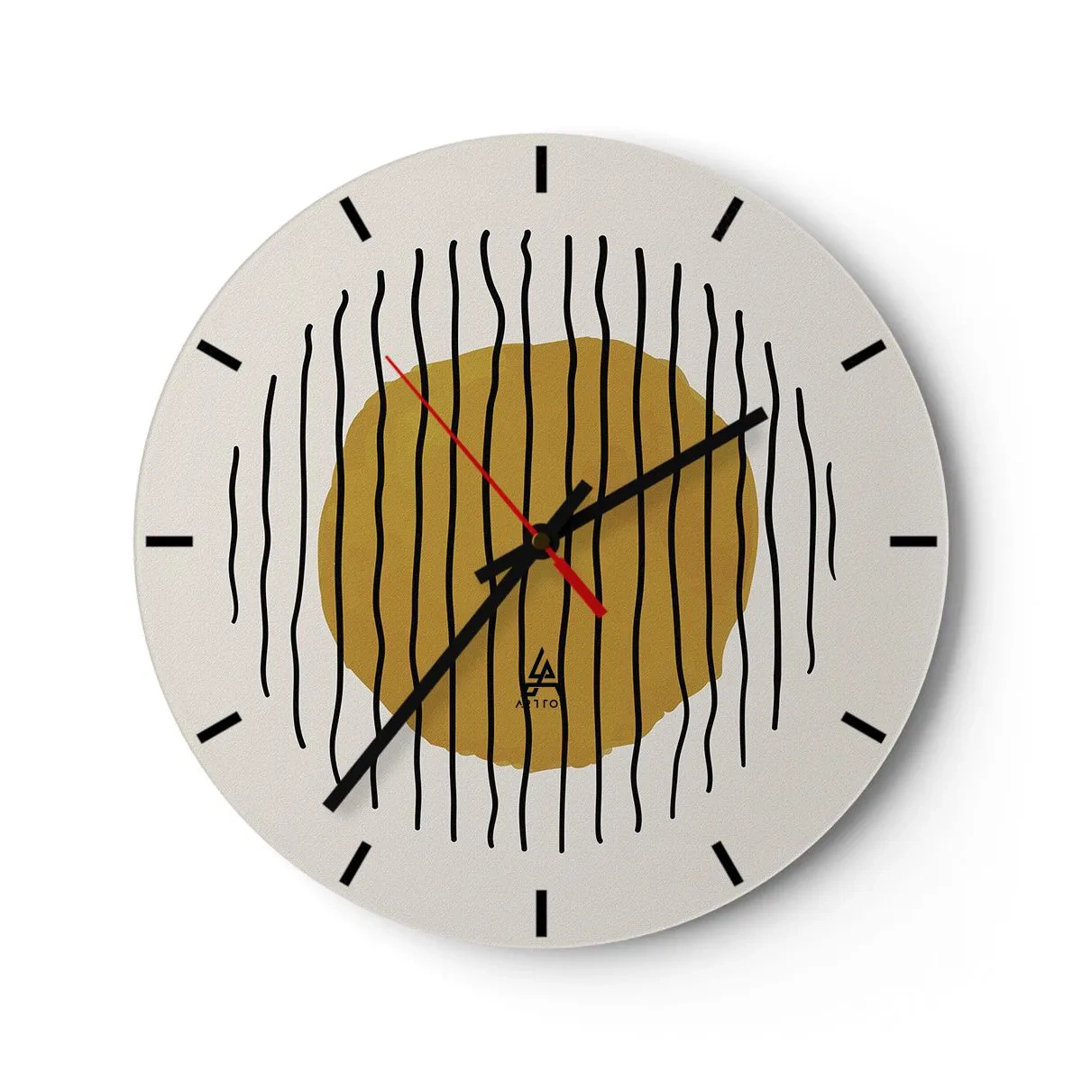 Orologio da parete - Orologio in Vetro - Un cerchio giallo-arancio circondato da linee ondulate nere - 30x30cm - Astrazione fremente di calore - Decorazione murale moderna per soggiorno, cucina e camera da letto ARTTOR