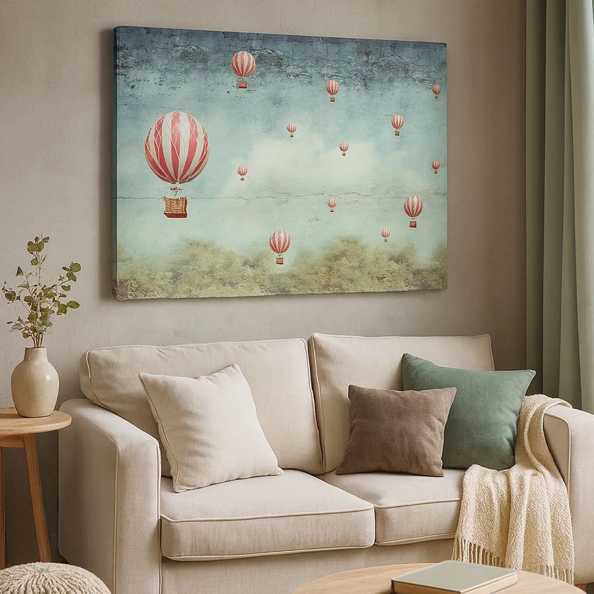 Quadro su tela - Stampe su Tela - Palloncini retrò su uno sfondo di cielo blu e verde - 70x50cm - Liberi dal tumulto della vita - Decorazione murale moderna per soggiorno e camera da letto ARTTOR