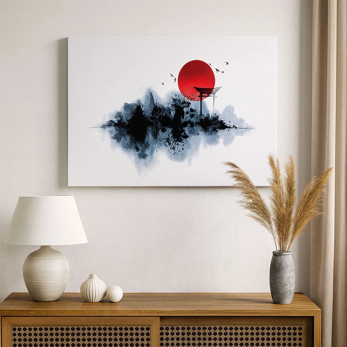 Quadro su tela - Stampe su Tela - Sole rosso su un paesaggio pittoresco con torii - 70x50cm - Vista giapponese - Decorazione murale moderna per soggiorno e camera da letto ARTTOR